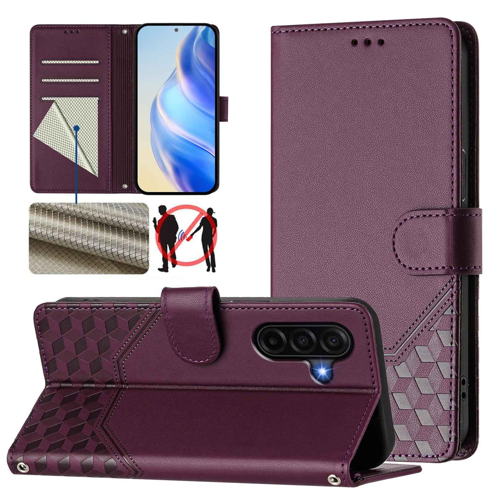 For Samsung Galaxy A57 5G Case Imprinted Honeycomb RFID Blocking Leather Phone Cover with Strap - Dark Purple