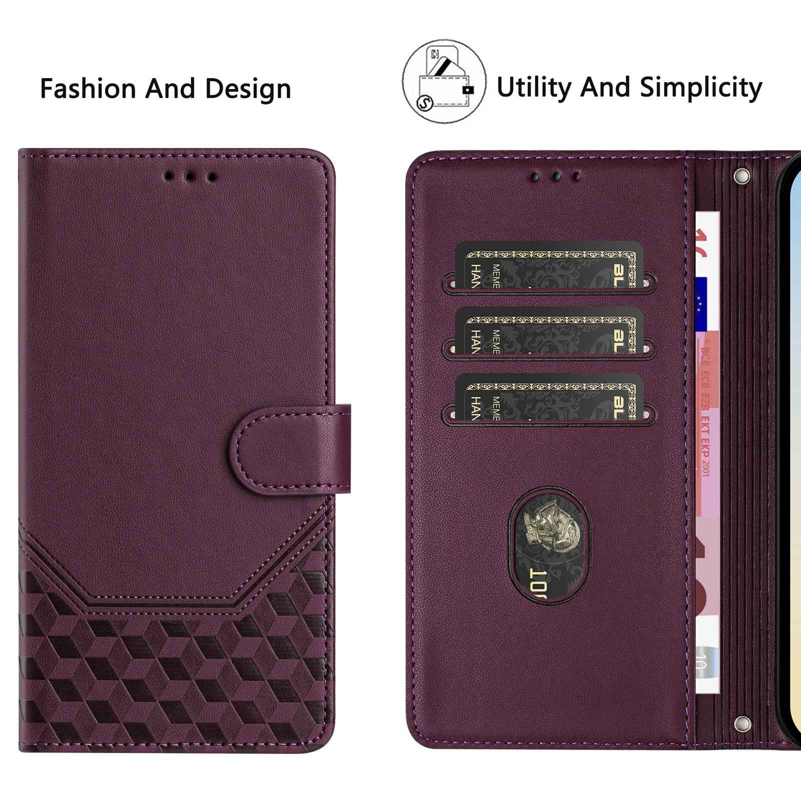 For Samsung Galaxy A57 5G Case Imprinted Honeycomb RFID Blocking Leather Phone Cover with Strap - Dark Purple