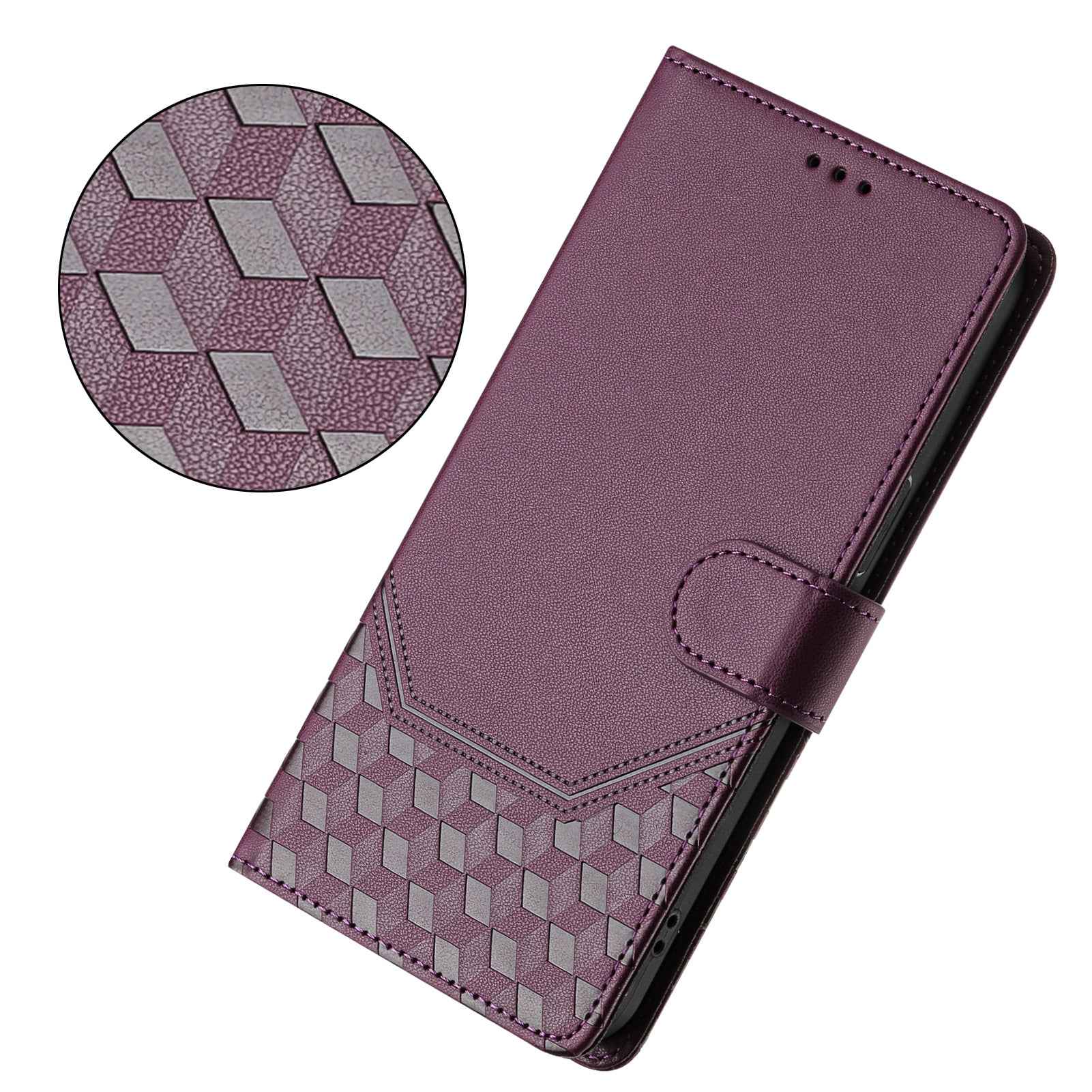 For Samsung Galaxy A57 5G Case Imprinted Honeycomb RFID Blocking Leather Phone Cover with Strap - Dark Purple