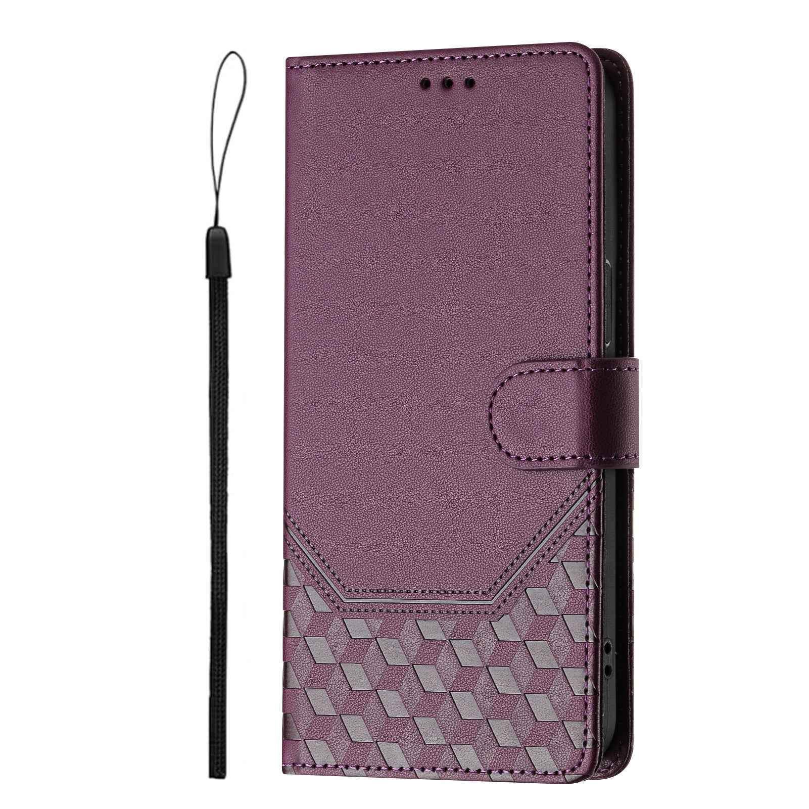 For Samsung Galaxy A57 5G Case Imprinted Honeycomb RFID Blocking Leather Phone Cover with Strap - Dark Purple