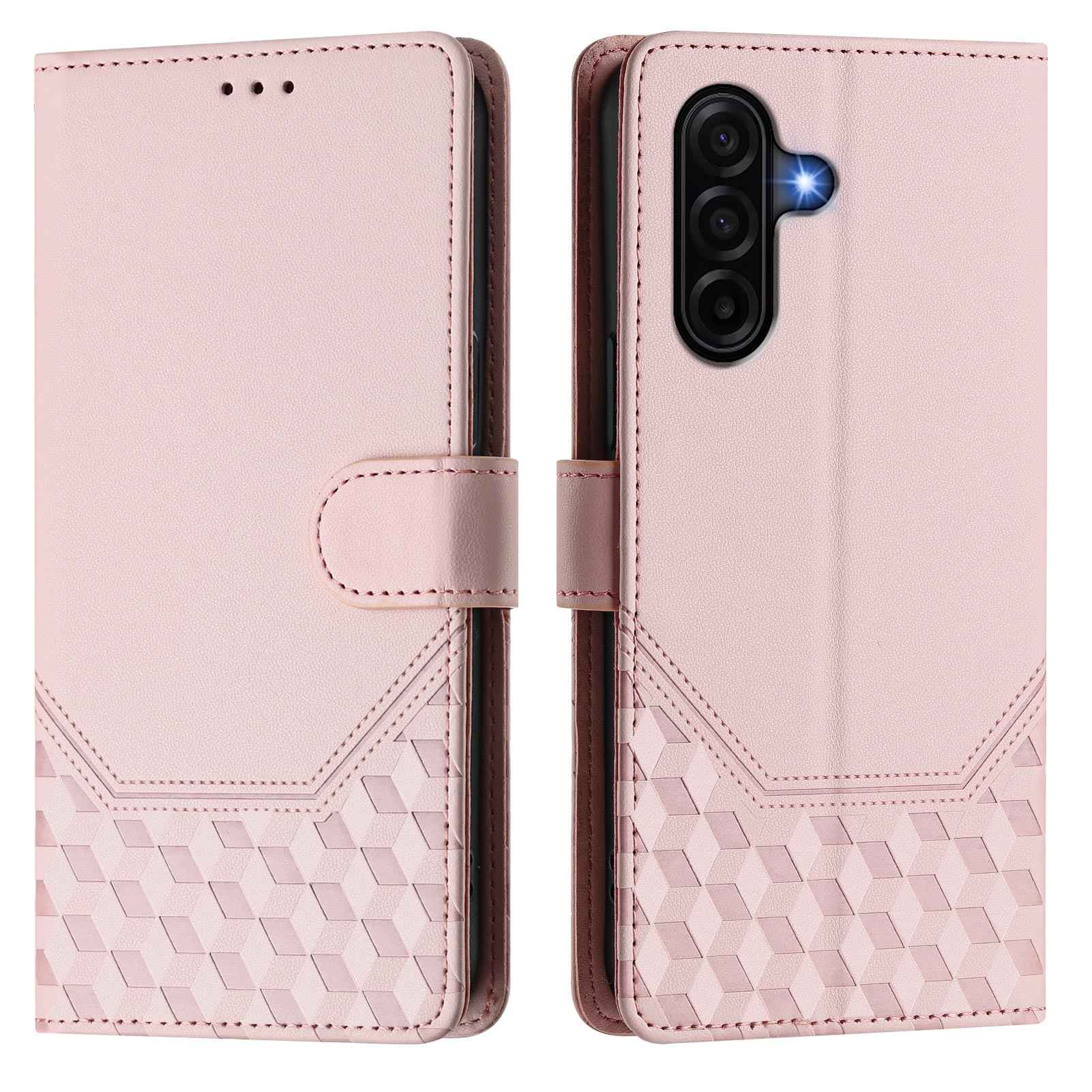 For Samsung Galaxy A57 5G Case Imprinted Honeycomb RFID Blocking Leather Phone Cover with Strap - Pink