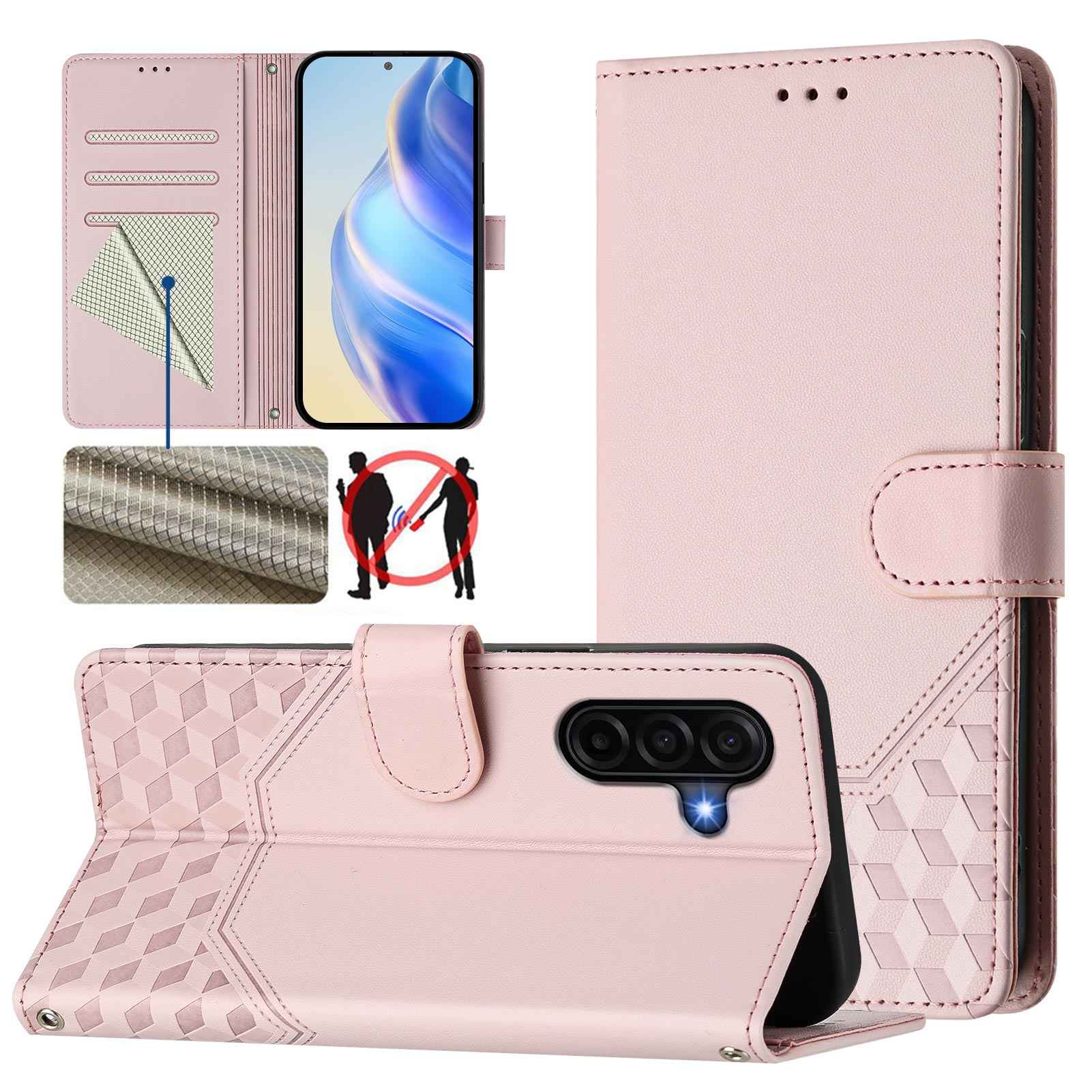 For Samsung Galaxy A57 5G Case Imprinted Honeycomb RFID Blocking Leather Phone Cover with Strap - Pink