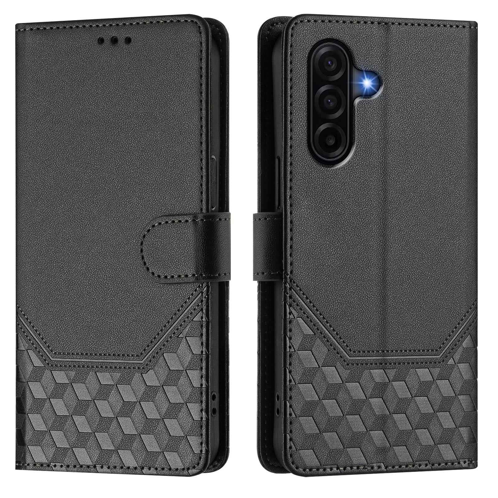 For Samsung Galaxy A57 5G Case Imprinted Honeycomb RFID Blocking Leather Phone Cover with Strap - Black
