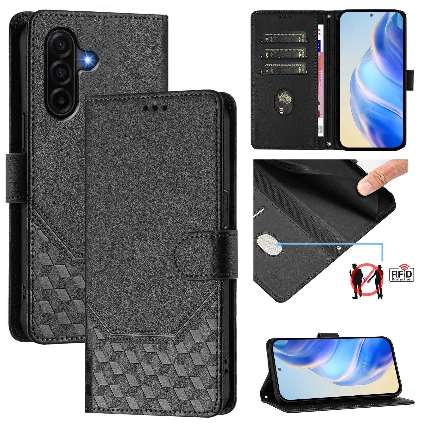 For Samsung Galaxy A57 5G Case Imprinted Honeycomb RFID Blocking Leather Phone Cover with Strap - Black