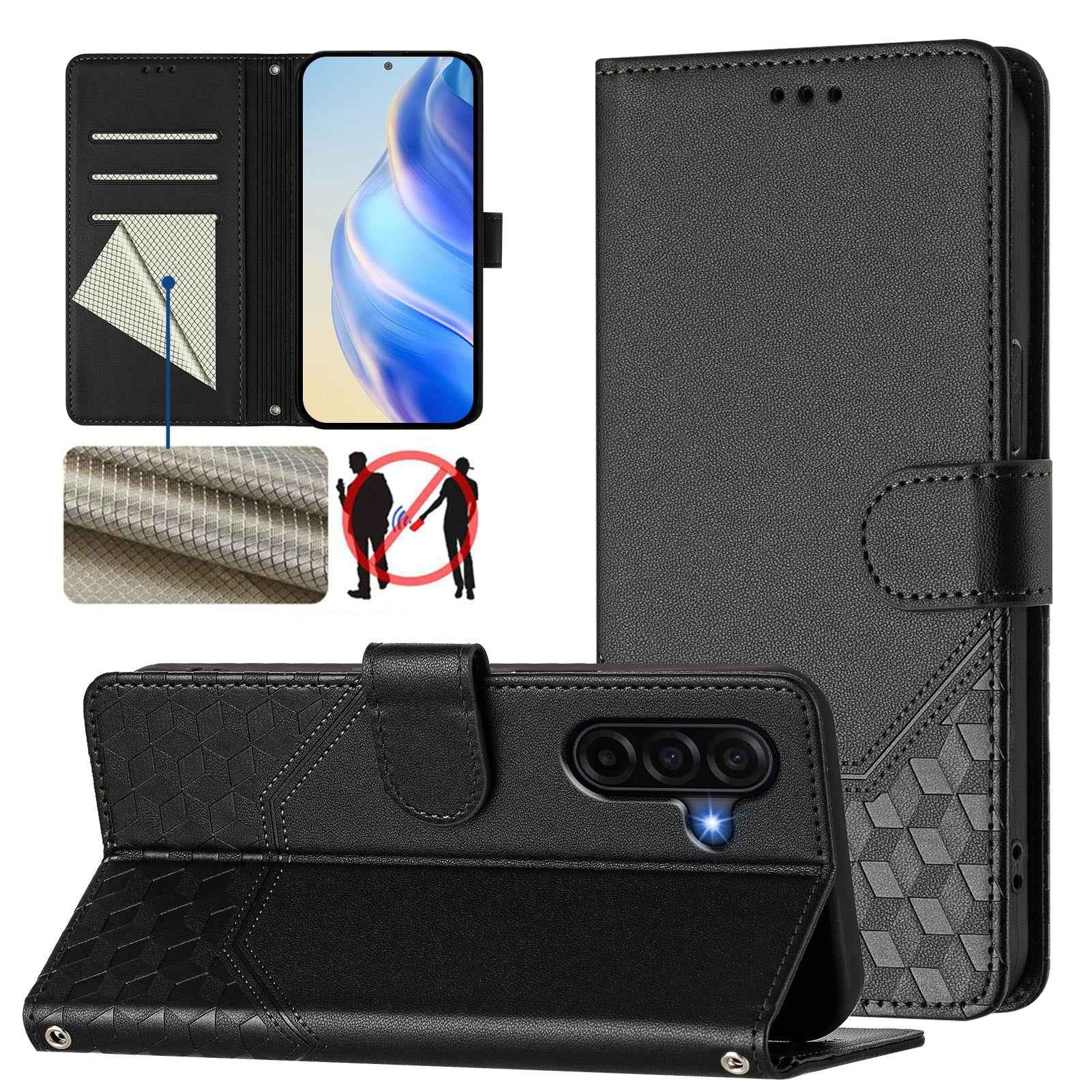 For Samsung Galaxy A57 5G Case Imprinted Honeycomb RFID Blocking Leather Phone Cover with Strap - Black
