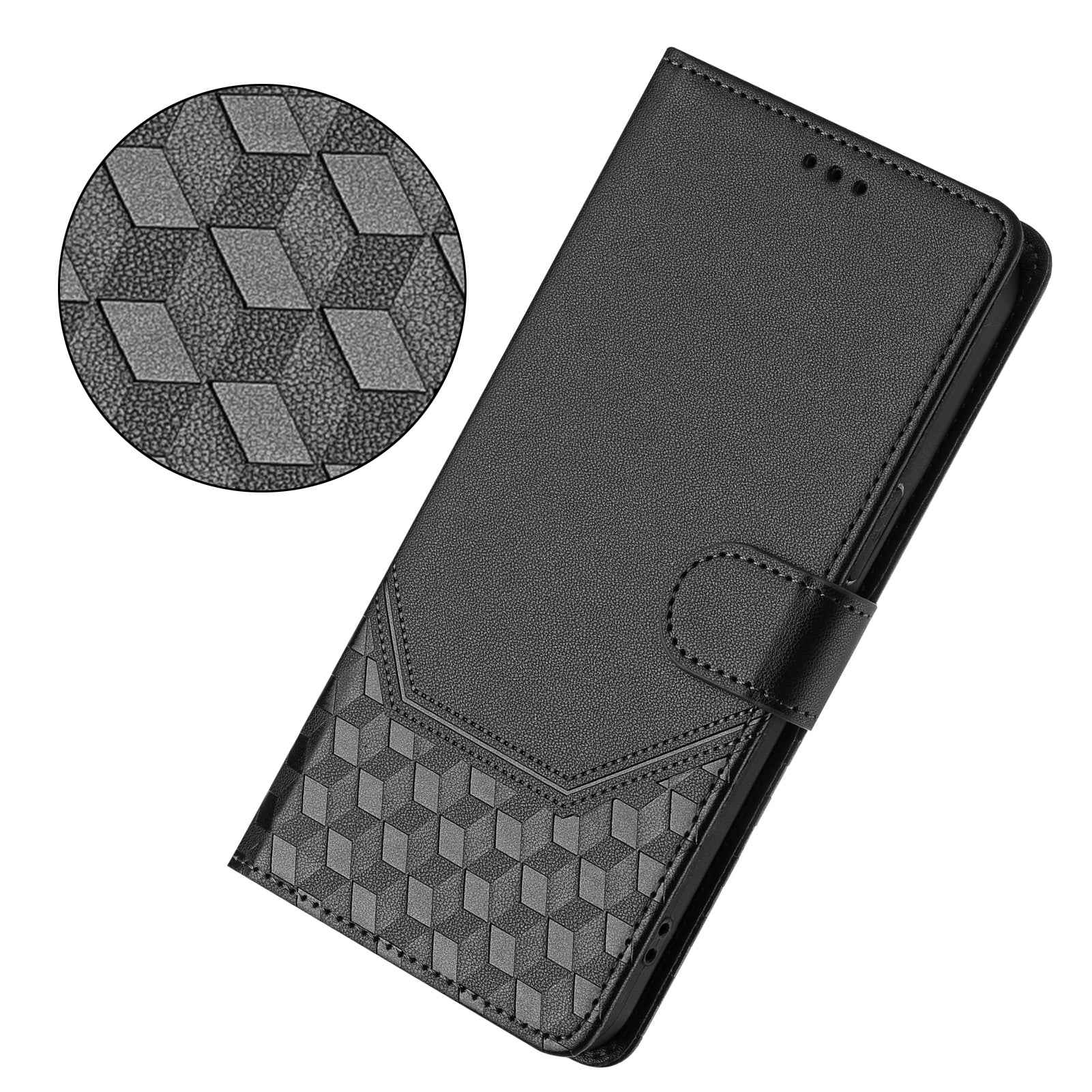 For Samsung Galaxy A57 5G Case Imprinted Honeycomb RFID Blocking Leather Phone Cover with Strap - Black