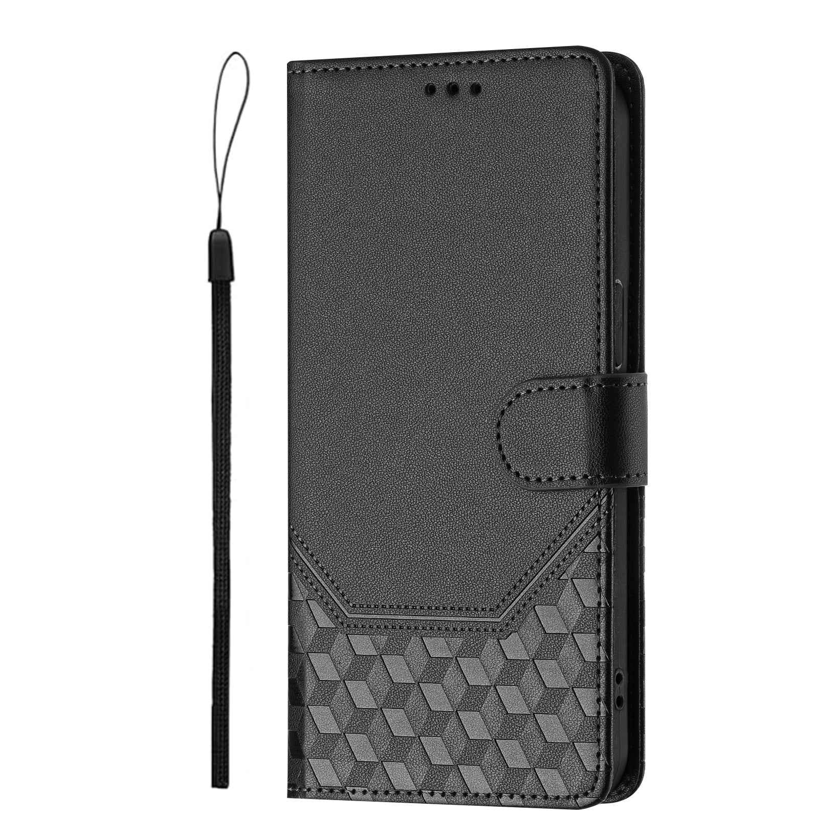 For Samsung Galaxy A57 5G Case Imprinted Honeycomb RFID Blocking Leather Phone Cover with Strap - Black