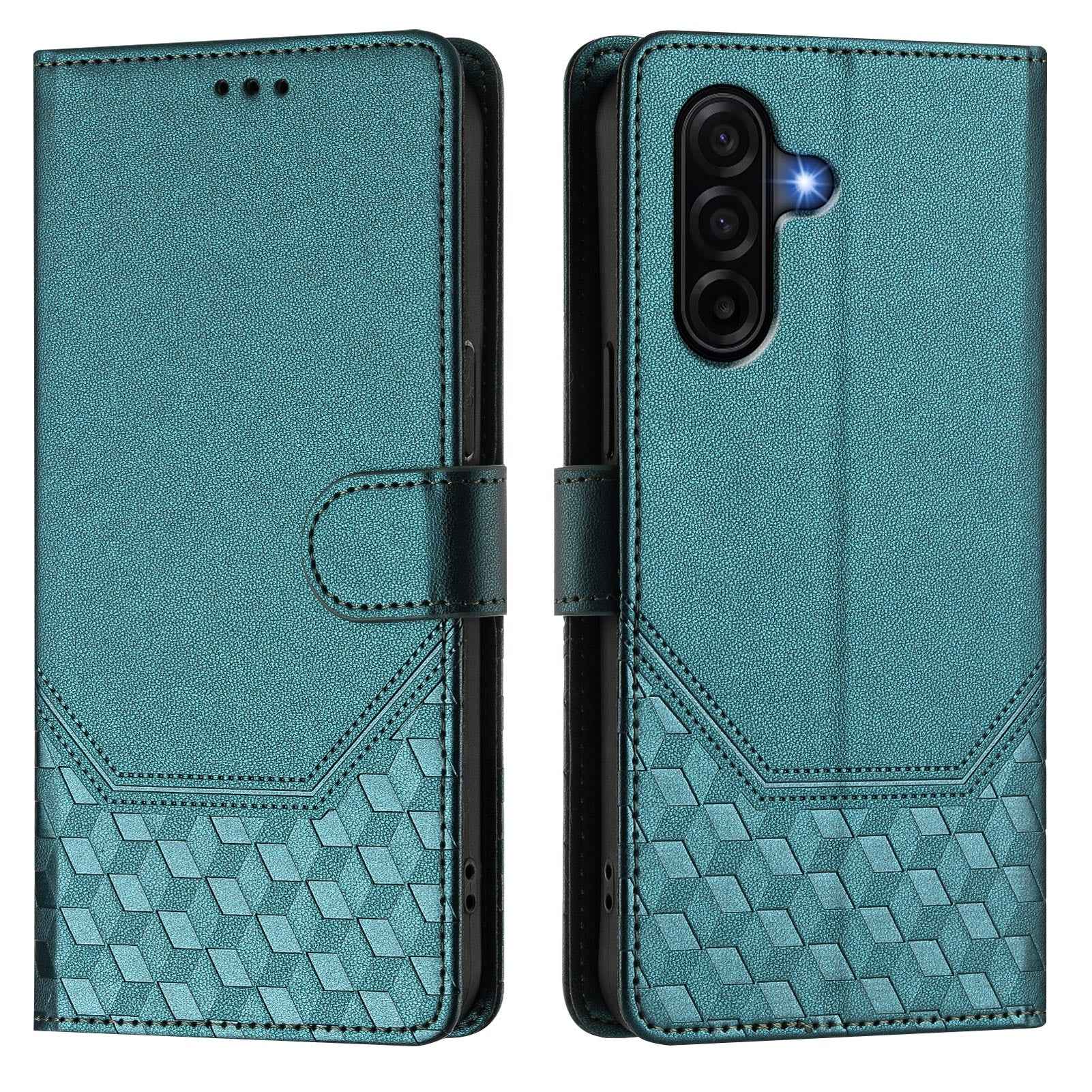 For Samsung Galaxy A57 5G Case Imprinted Honeycomb RFID Blocking Leather Phone Cover with Strap - Green