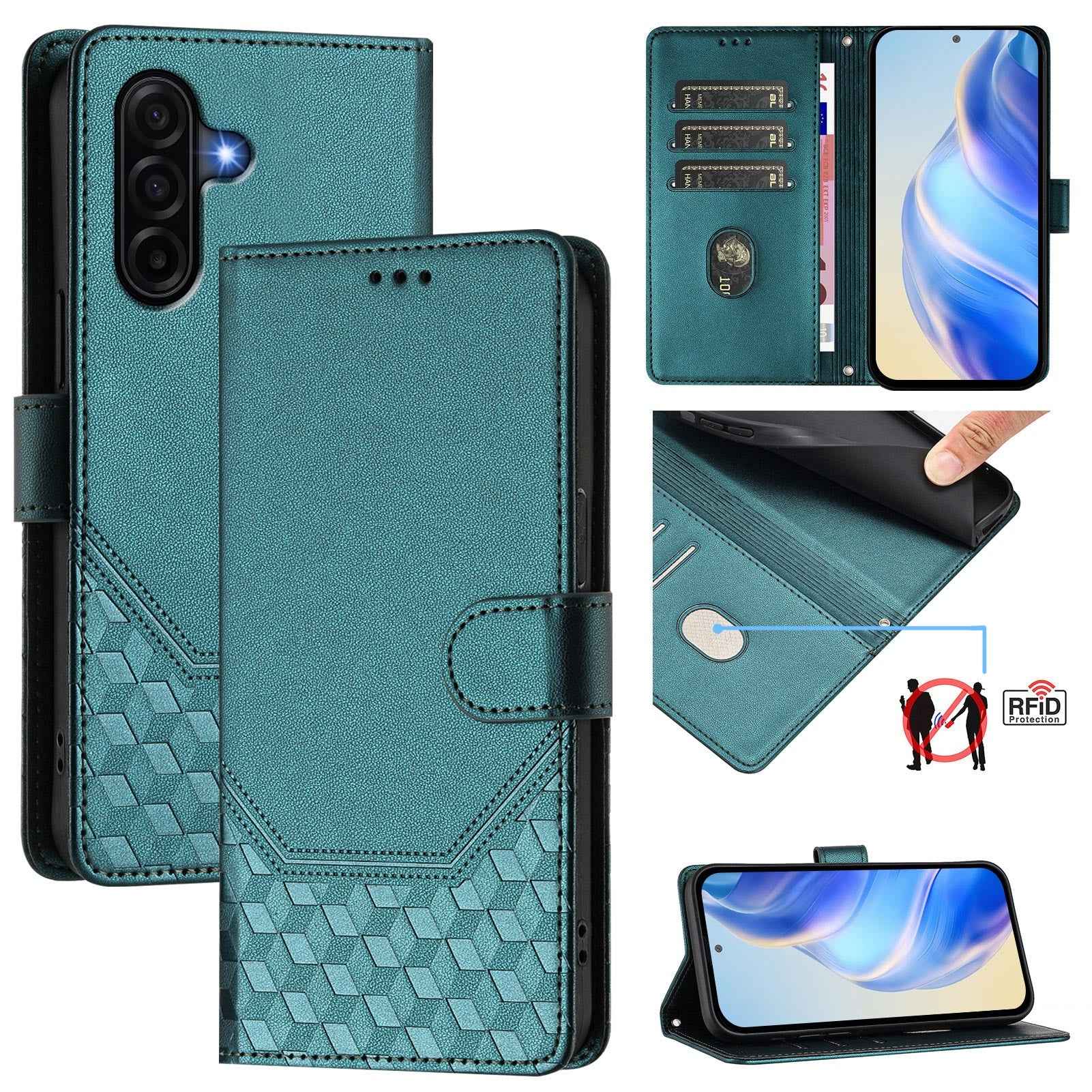 For Samsung Galaxy A57 5G Case Imprinted Honeycomb RFID Blocking Leather Phone Cover with Strap - Green