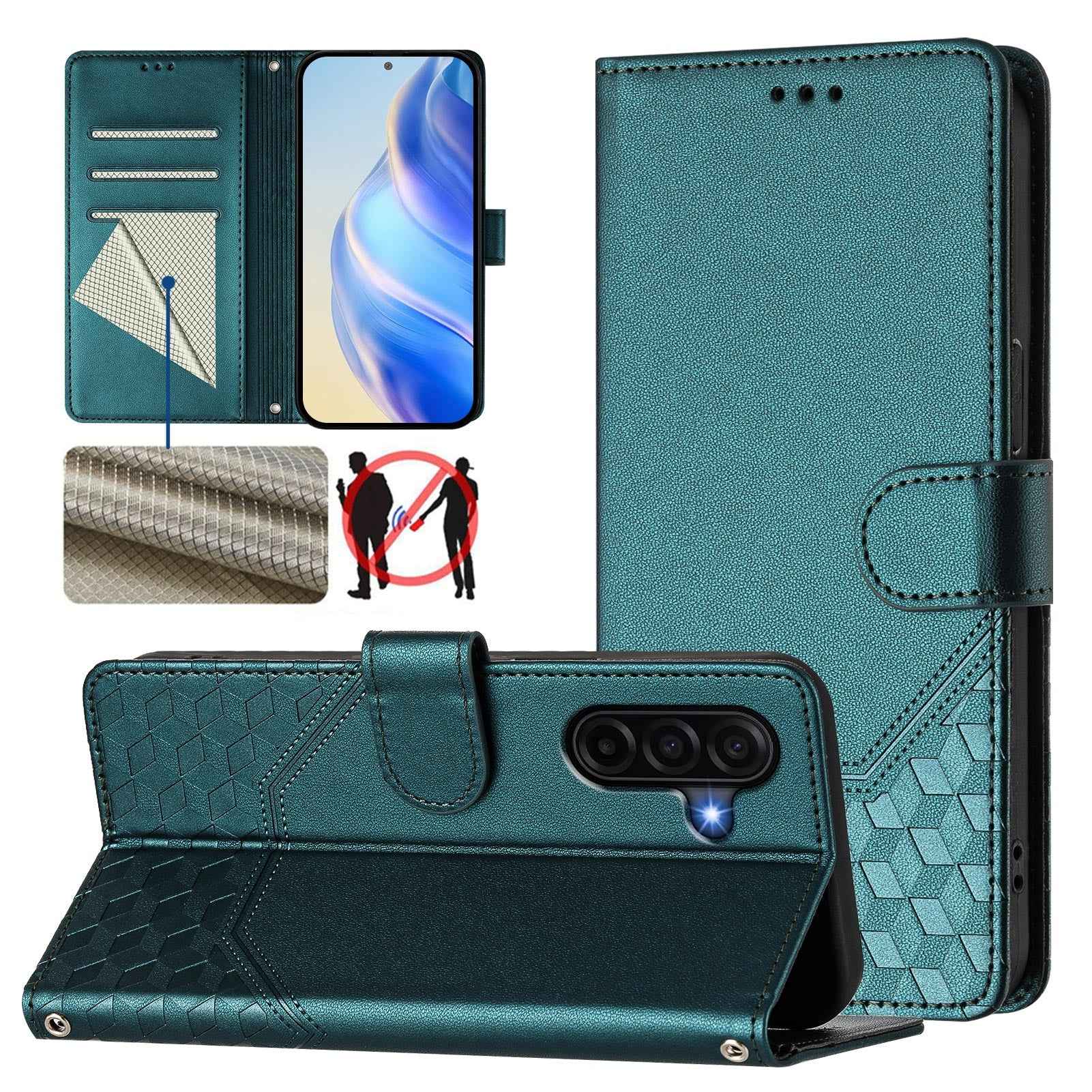 For Samsung Galaxy A57 5G Case Imprinted Honeycomb RFID Blocking Leather Phone Cover with Strap - Green