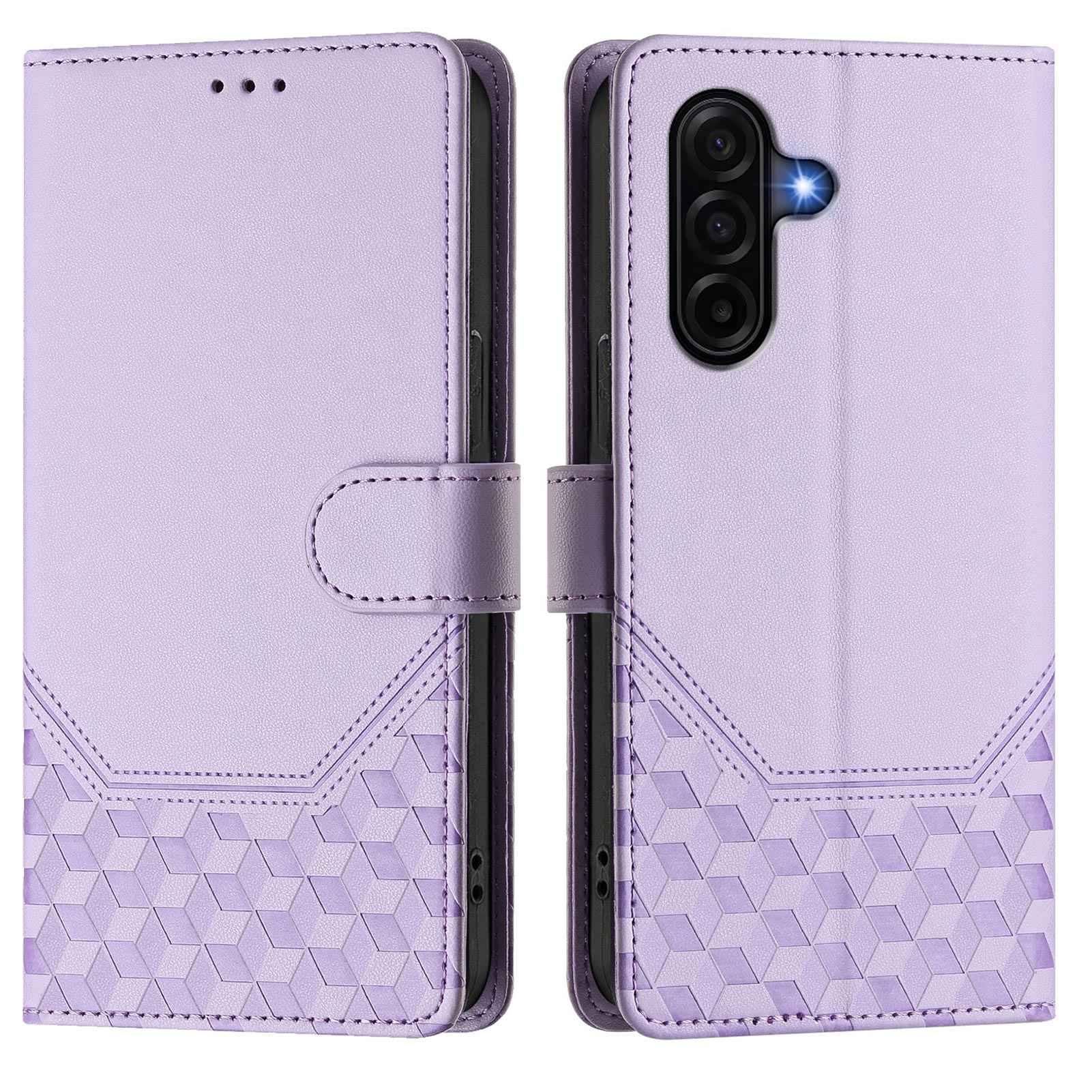 For Samsung Galaxy A57 5G Case Imprinted Honeycomb RFID Blocking Leather Phone Cover with Strap - Light Purple