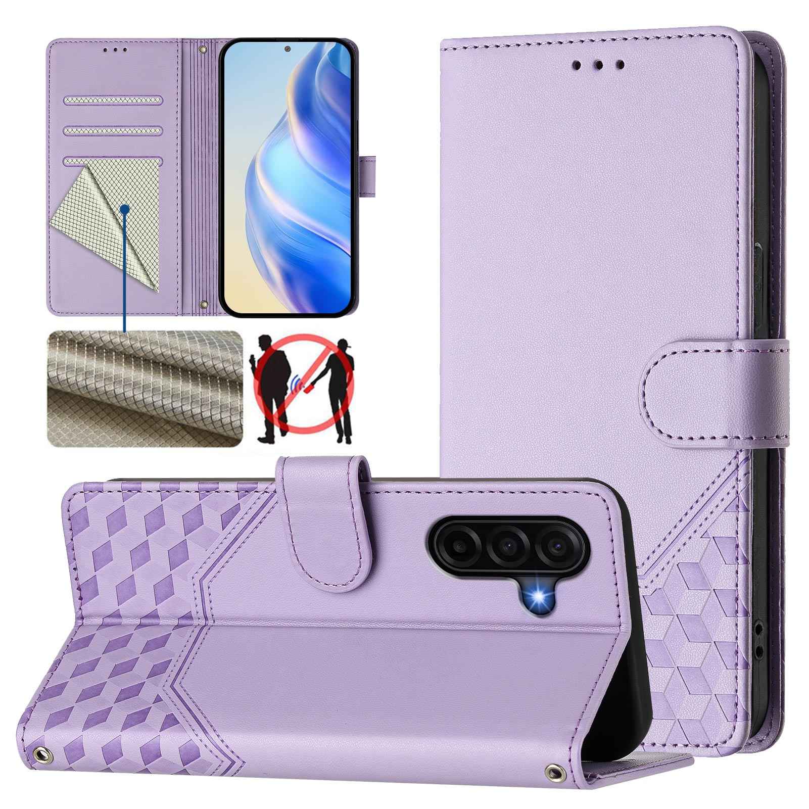For Samsung Galaxy A57 5G Case Imprinted Honeycomb RFID Blocking Leather Phone Cover with Strap - Light Purple