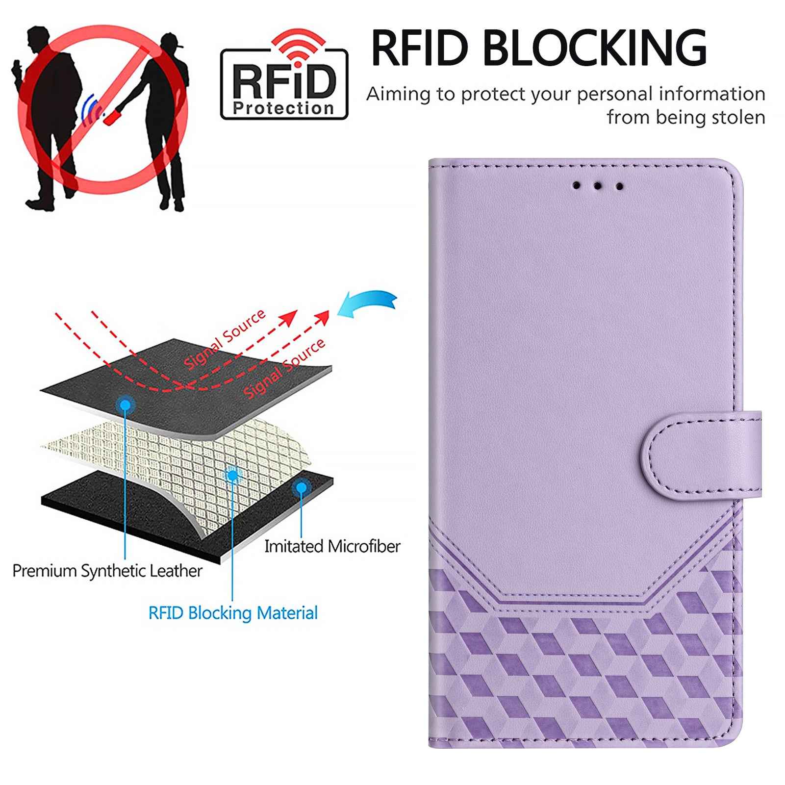 For Samsung Galaxy A57 5G Case Imprinted Honeycomb RFID Blocking Leather Phone Cover with Strap - Light Purple