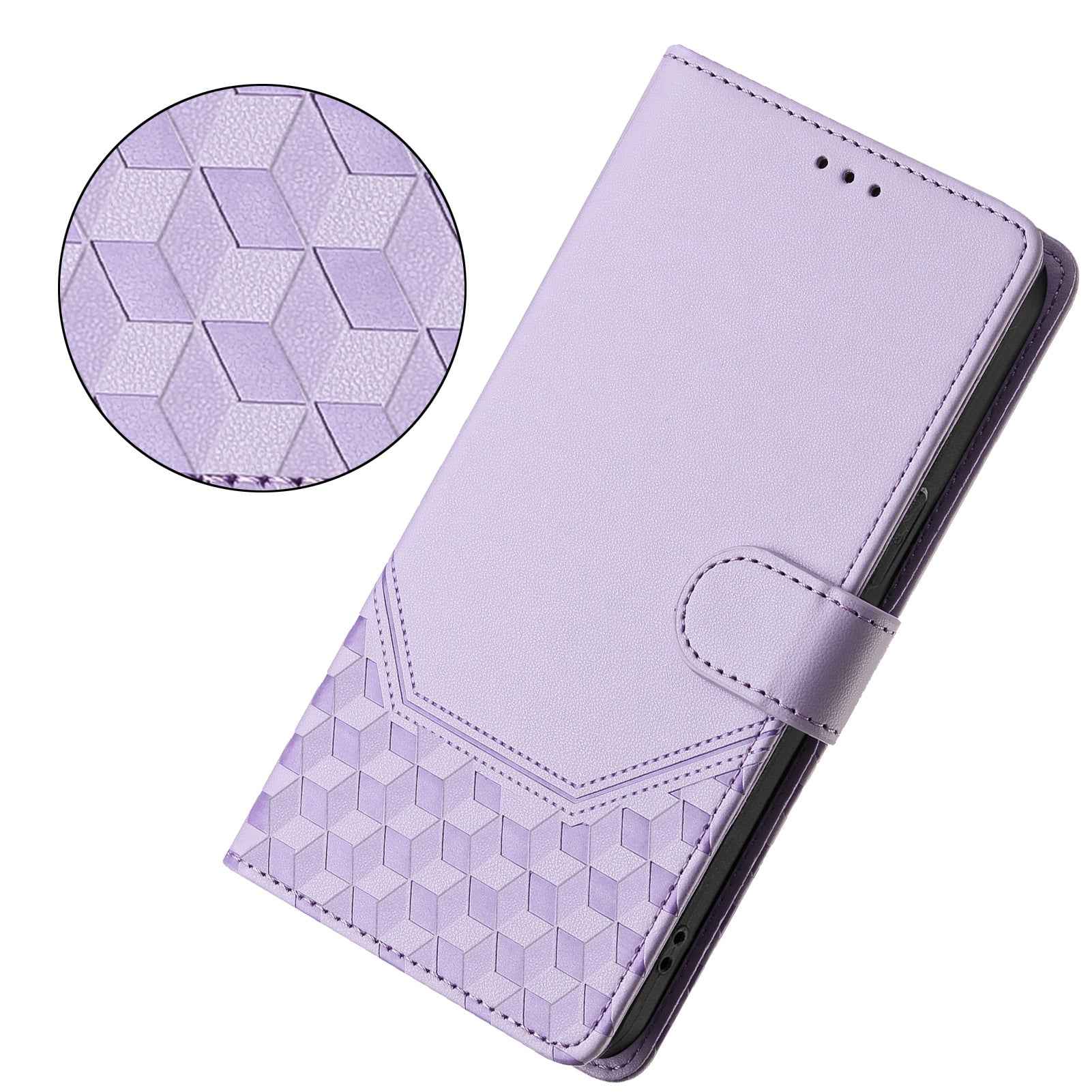 For Samsung Galaxy A57 5G Case Imprinted Honeycomb RFID Blocking Leather Phone Cover with Strap - Light Purple