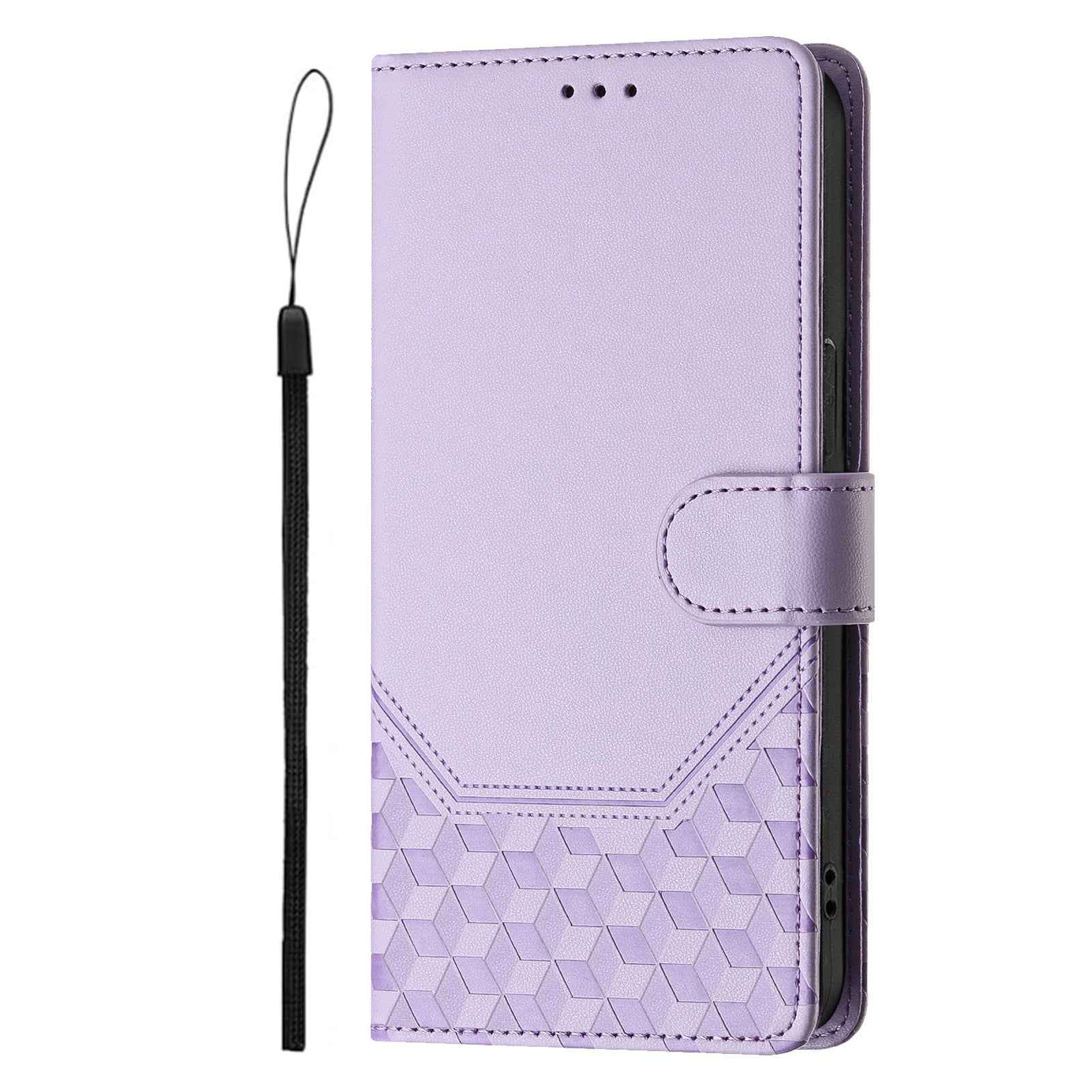 For Samsung Galaxy A57 5G Case Imprinted Honeycomb RFID Blocking Leather Phone Cover with Strap - Light Purple