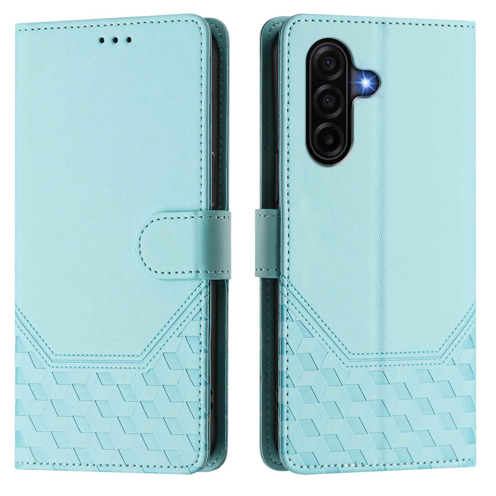 For Samsung Galaxy A57 5G Case Imprinted Honeycomb RFID Blocking Leather Phone Cover with Strap - Mint Green