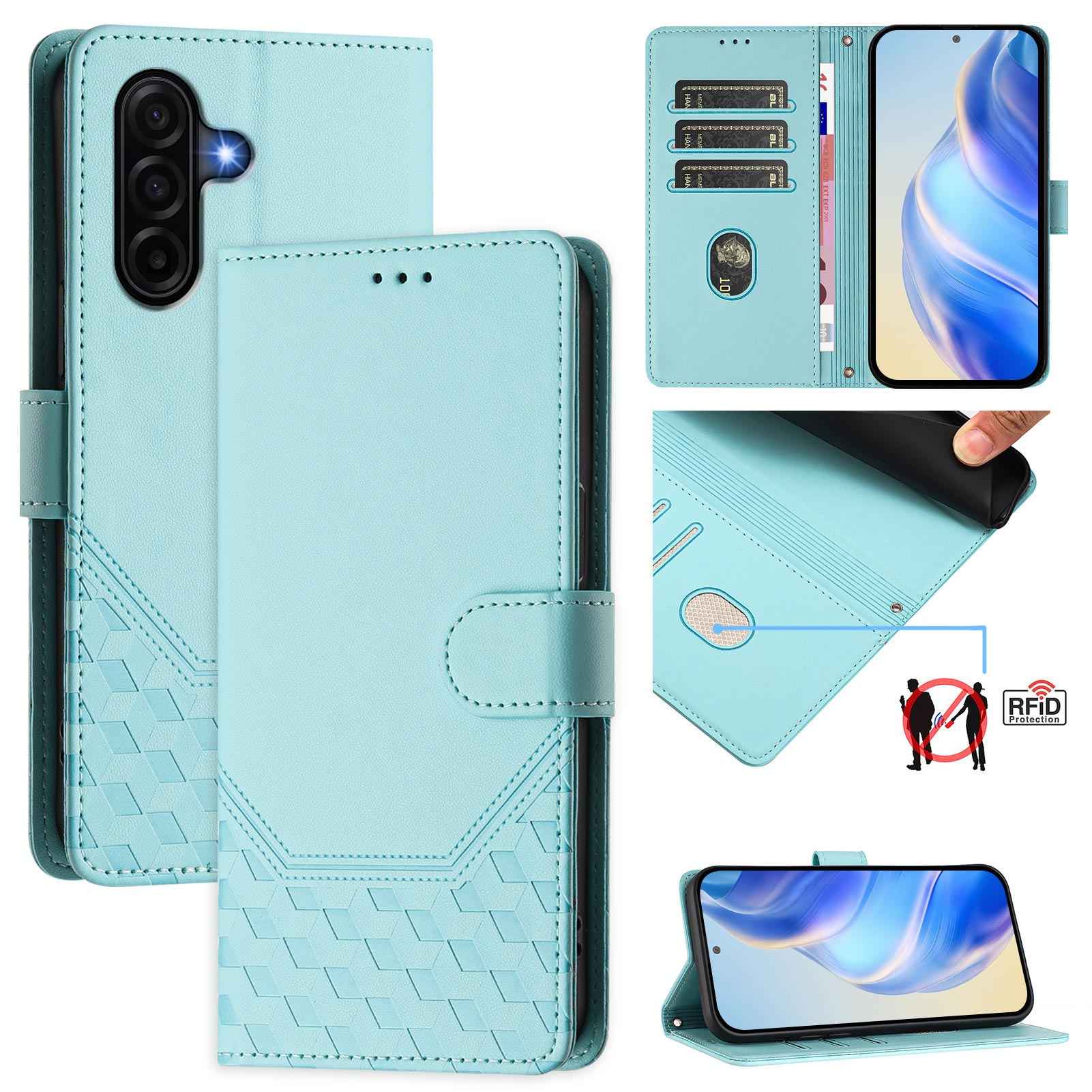 For Samsung Galaxy A57 5G Case Imprinted Honeycomb RFID Blocking Leather Phone Cover with Strap - Mint Green
