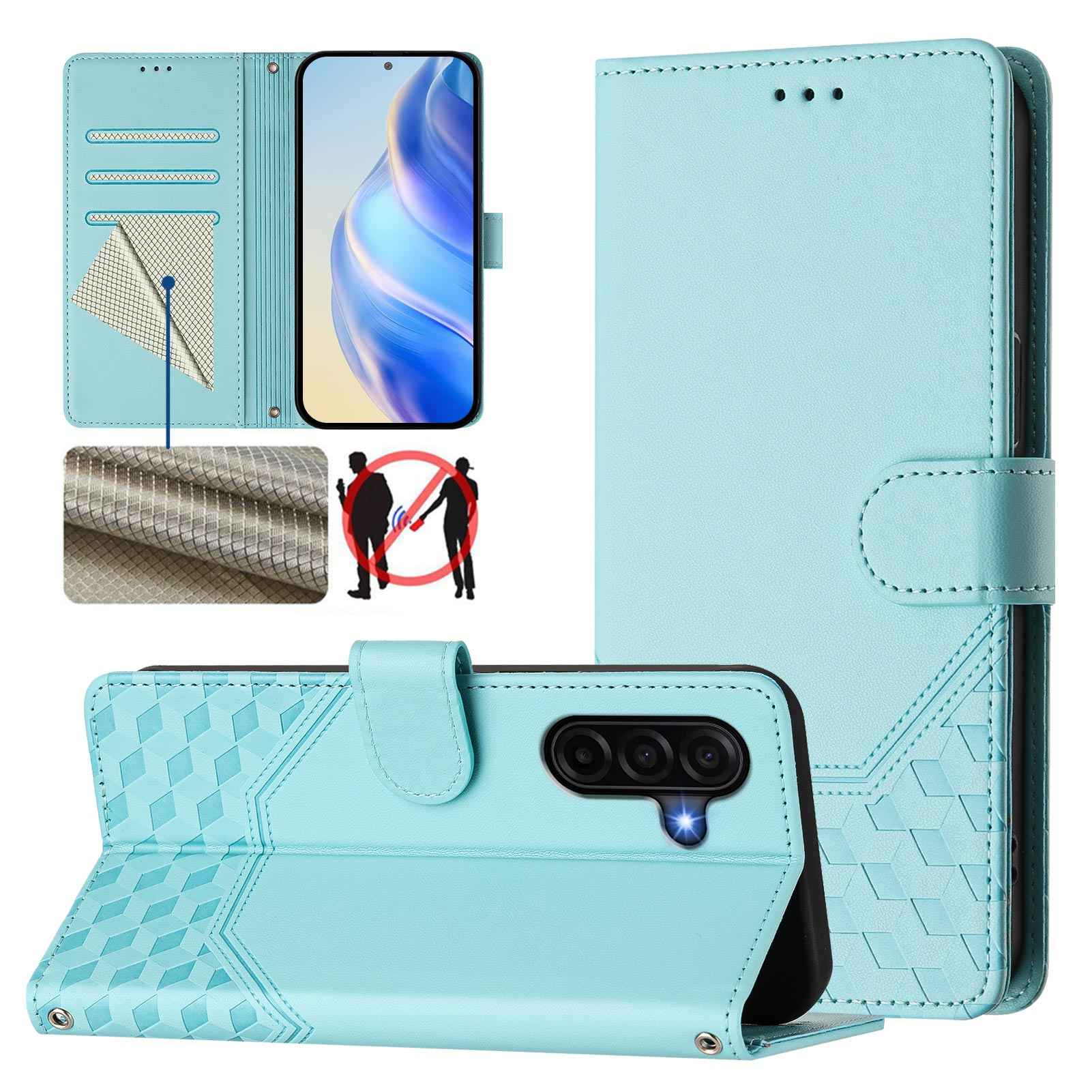For Samsung Galaxy A57 5G Case Imprinted Honeycomb RFID Blocking Leather Phone Cover with Strap - Mint Green