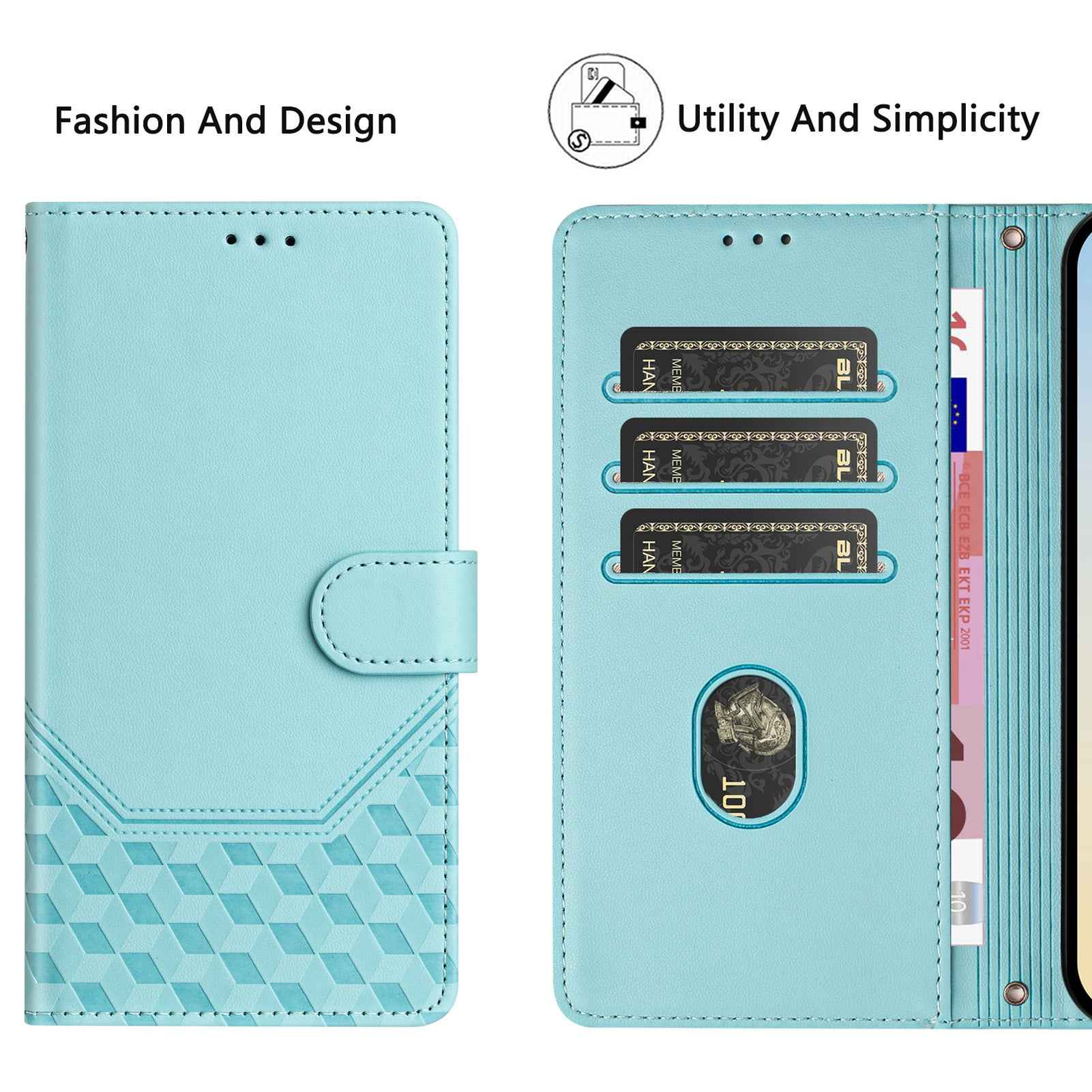 For Samsung Galaxy A57 5G Case Imprinted Honeycomb RFID Blocking Leather Phone Cover with Strap - Mint Green