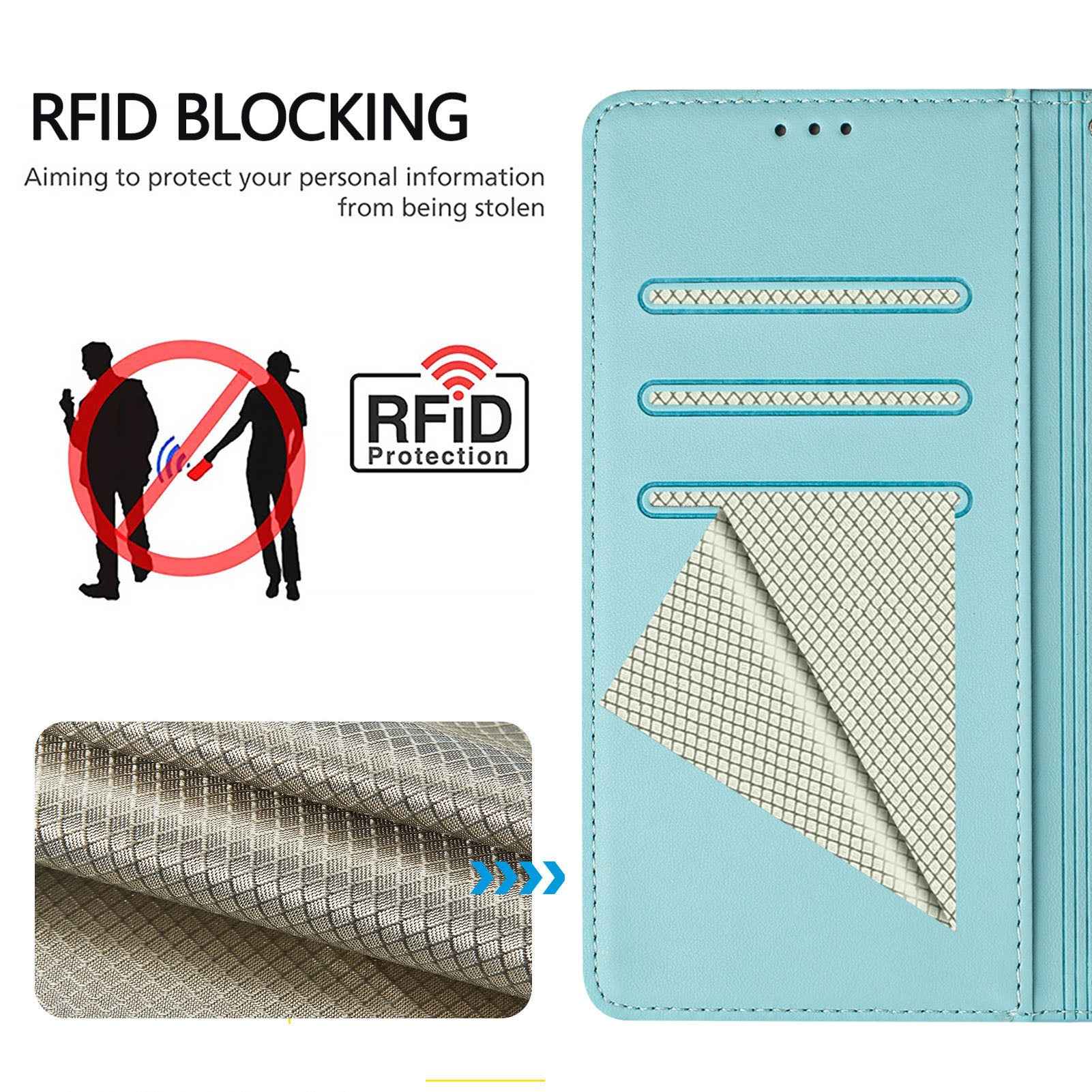 For Samsung Galaxy A57 5G Case Imprinted Honeycomb RFID Blocking Leather Phone Cover with Strap - Mint Green