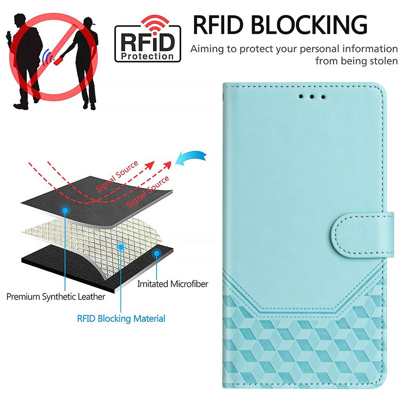 For Samsung Galaxy A57 5G Case Imprinted Honeycomb RFID Blocking Leather Phone Cover with Strap - Mint Green