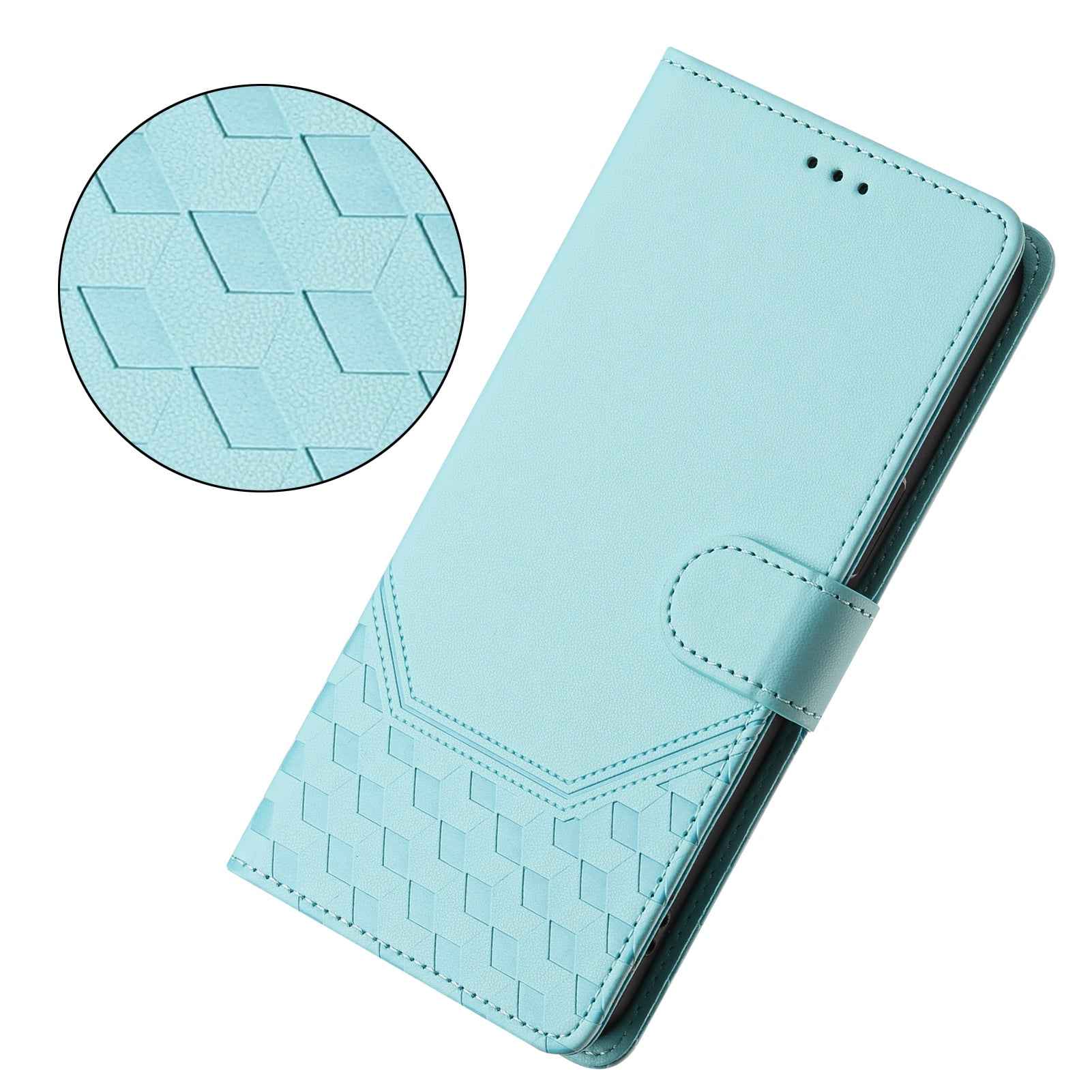 For Samsung Galaxy A57 5G Case Imprinted Honeycomb RFID Blocking Leather Phone Cover with Strap - Mint Green