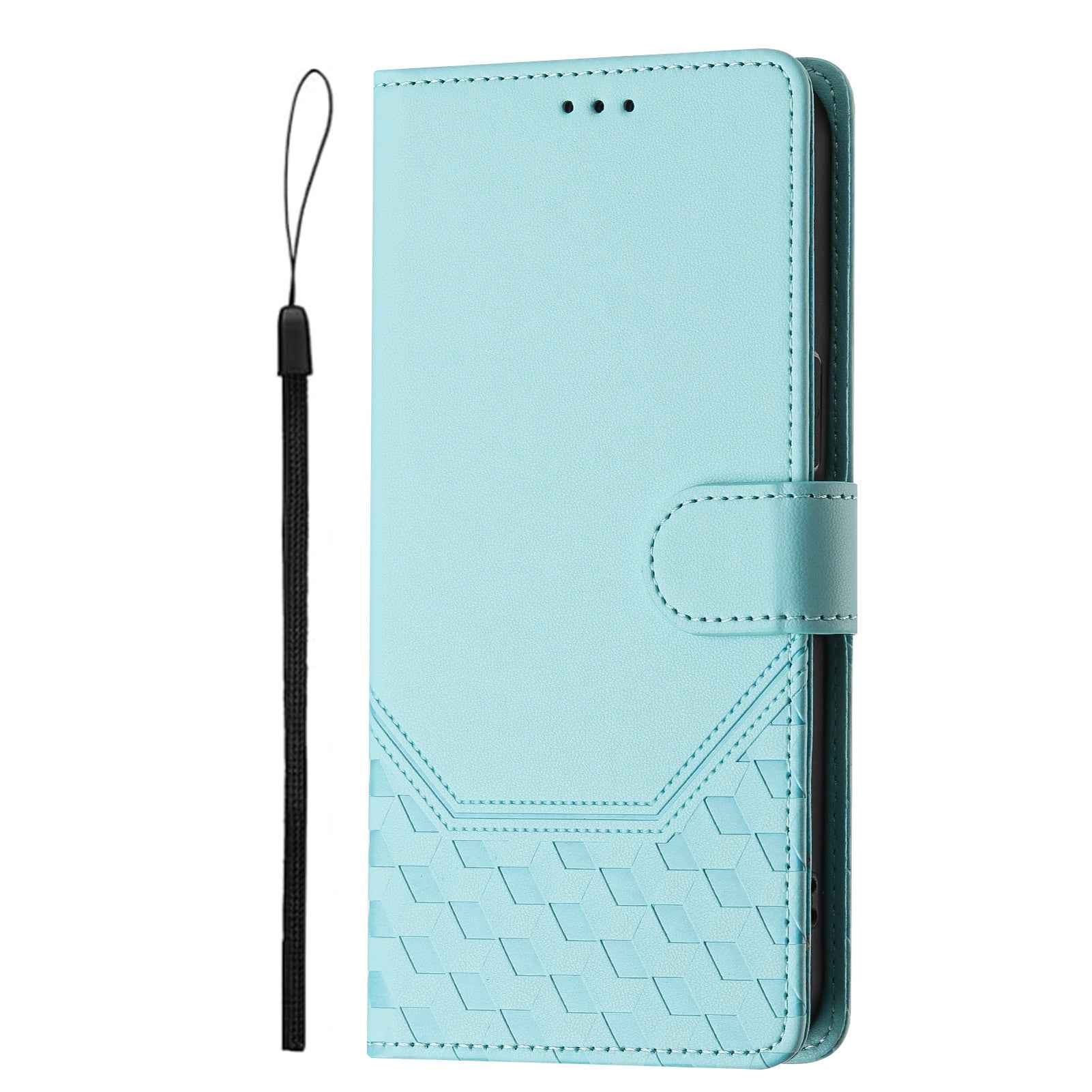 For Samsung Galaxy A57 5G Case Imprinted Honeycomb RFID Blocking Leather Phone Cover with Strap - Mint Green