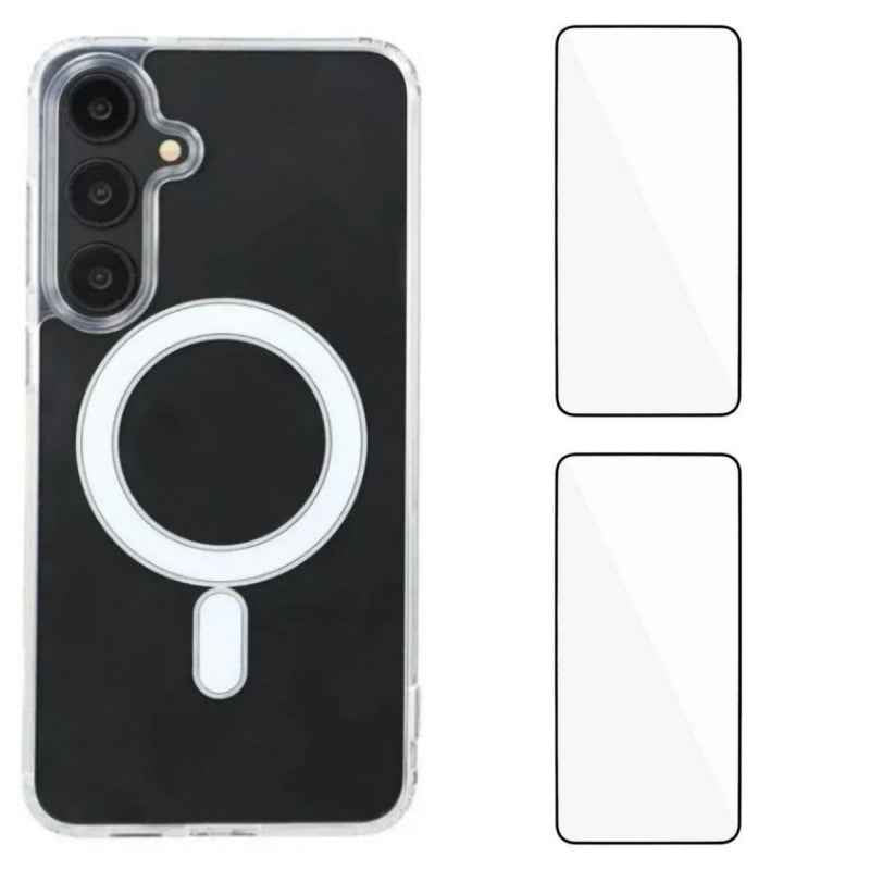 For Samsung Galaxy A57 5G Magnetic Case WANLONFENG LM1 Series Phone Cover with 2Pcs Screen Films (Big Lens Hole) - Transparent