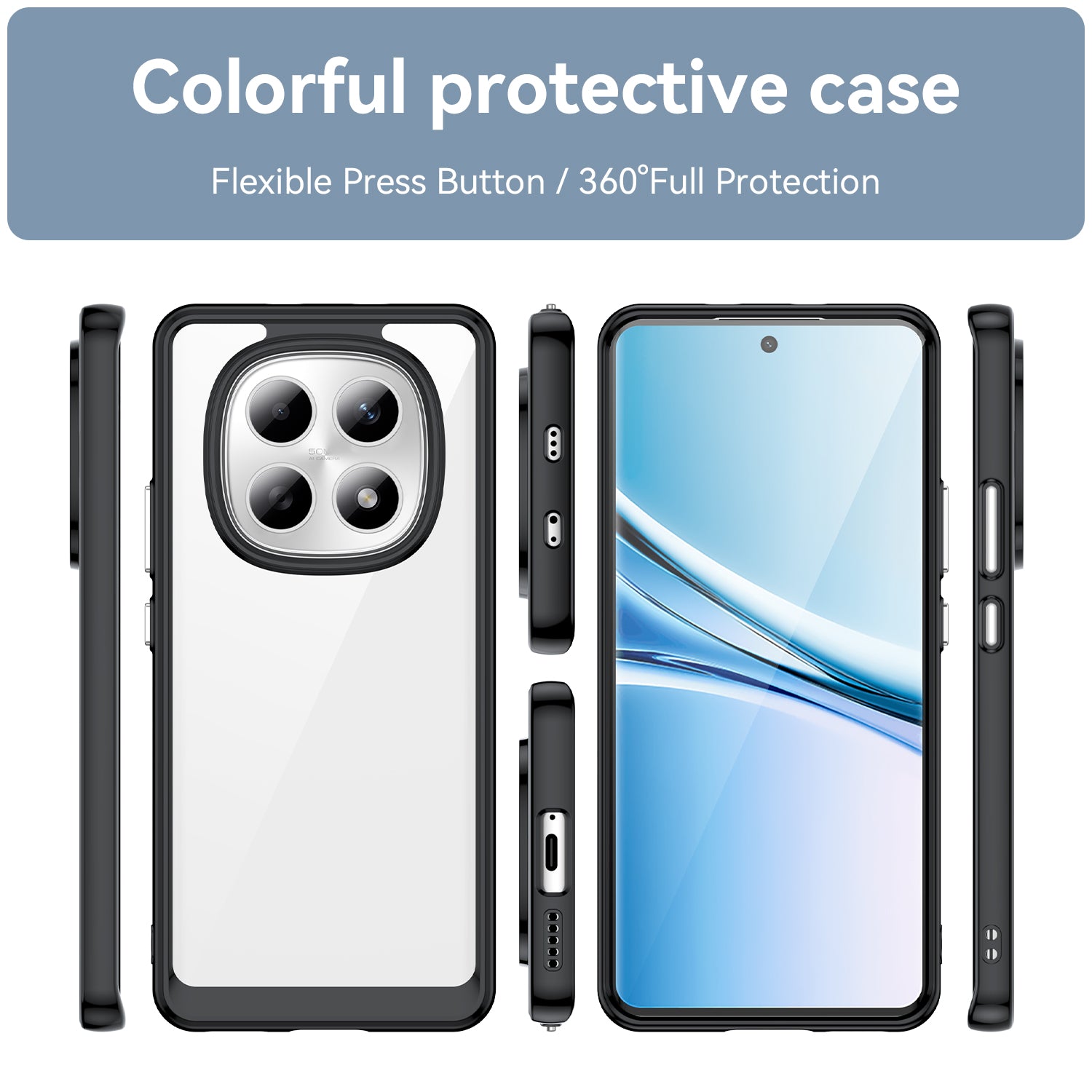 For Xiaomi Redmi Note 15 5G (Global) / Xiaomi Poco M8 5G Phone Case WANLONFENG XC Series TPU Acrylic Cover with Tempered Glass (Big Lens Hole) - Black