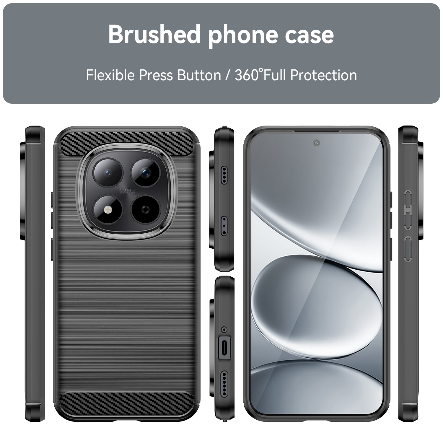 For Xiaomi Redmi Note 15 Pro 5G (Global) Case with Screen Film WANLONFENG LS Series Big Lens Hole Brushed Texture TPU Phone Cover - Black