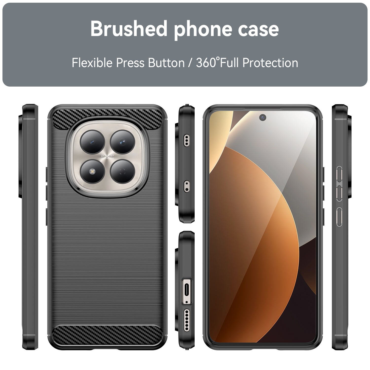 For Xiaomi Redmi Note 15 Pro 4G (Global) Case with Screen Film WANLONFENG LS Series Big Lens Hole Brushed Texture TPU Phone Cover - Black