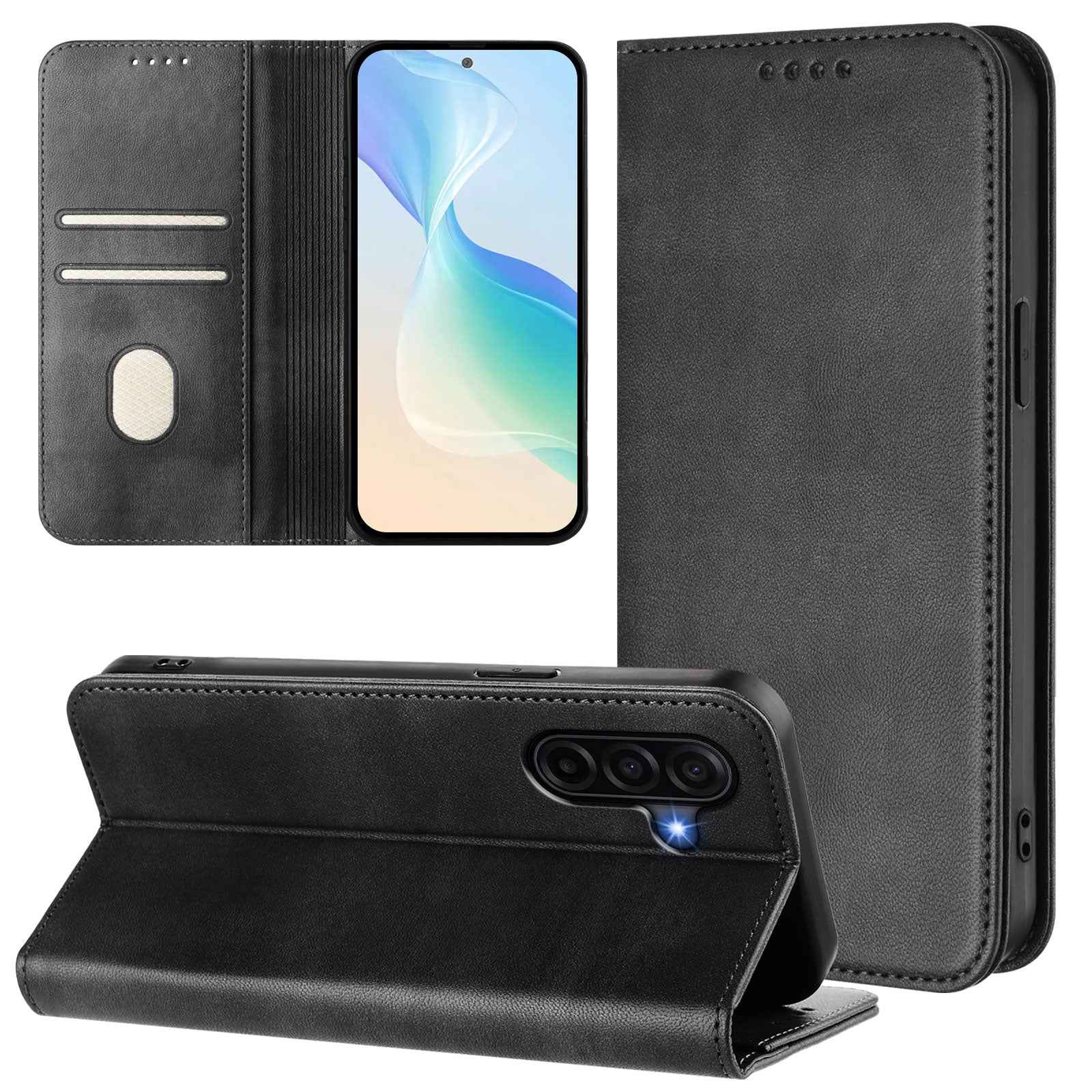 For Samsung Galaxy A57 5G Wallet Cases Retro Texture RFID Blocking Leather Phone Cover - Black