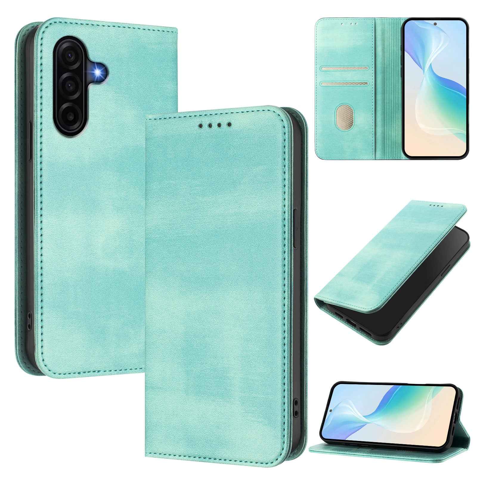 For Samsung Galaxy A57 5G Wallet Cases Retro Texture RFID Blocking Leather Phone Cover - Mint Green