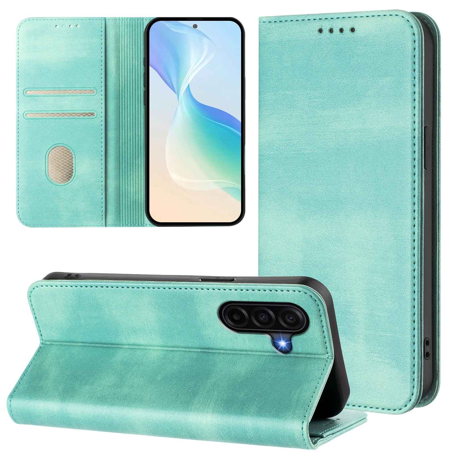 For Samsung Galaxy A57 5G Wallet Cases Retro Texture RFID Blocking Leather Phone Cover - Mint Green