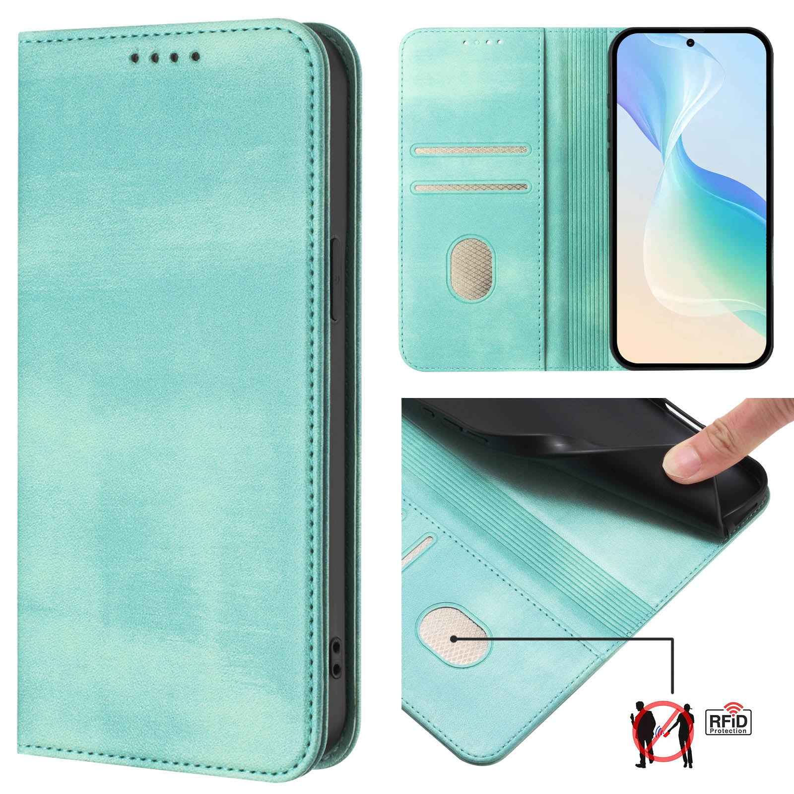 For Samsung Galaxy A57 5G Wallet Cases Retro Texture RFID Blocking Leather Phone Cover - Mint Green