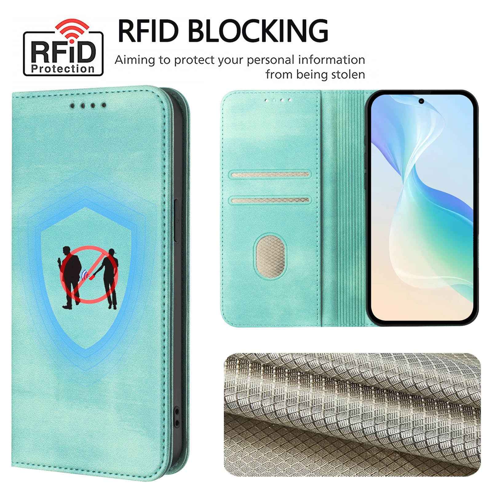 For Samsung Galaxy A57 5G Wallet Cases Retro Texture RFID Blocking Leather Phone Cover - Mint Green
