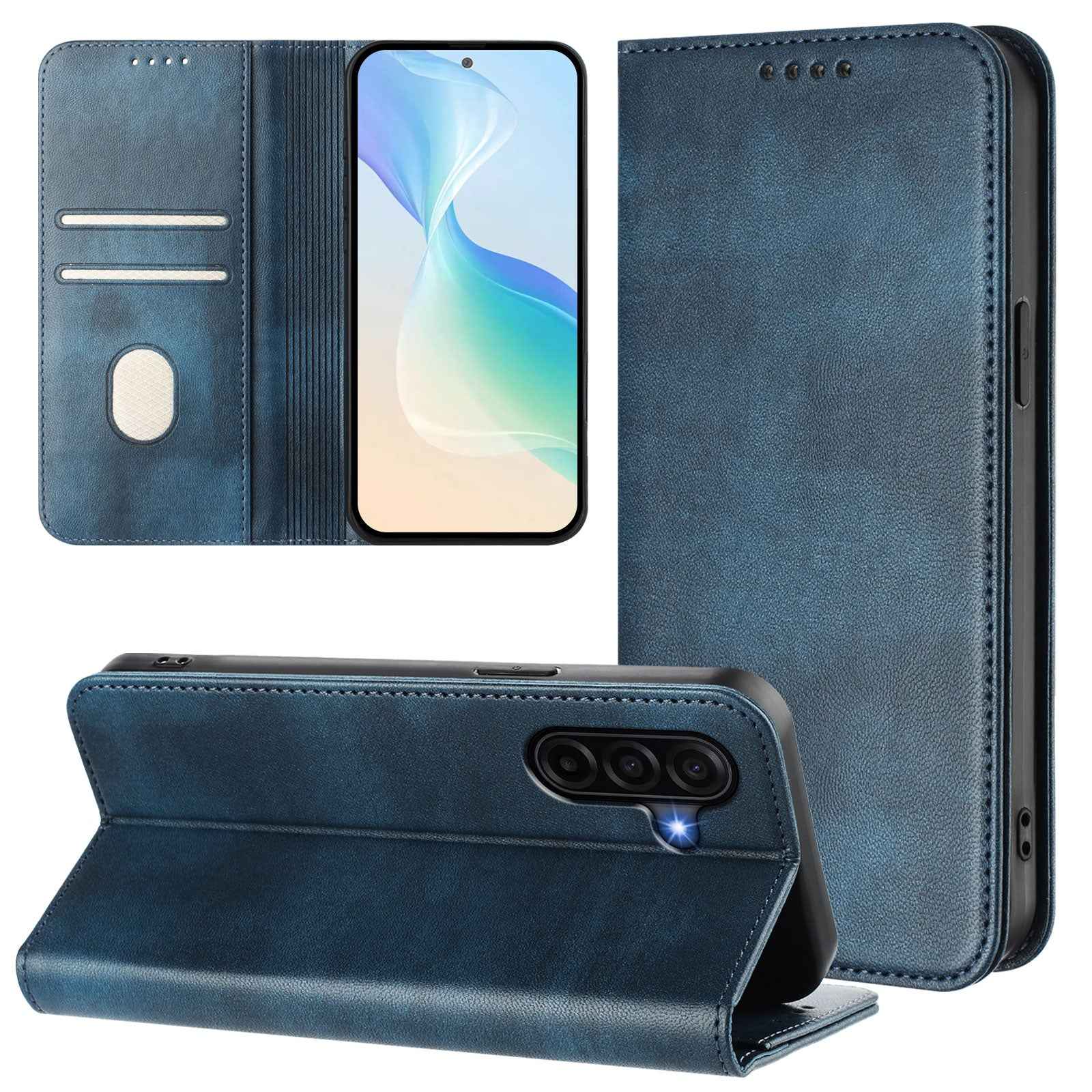 For Samsung Galaxy A57 5G Wallet Cases Retro Texture RFID Blocking Leather Phone Cover - Blue