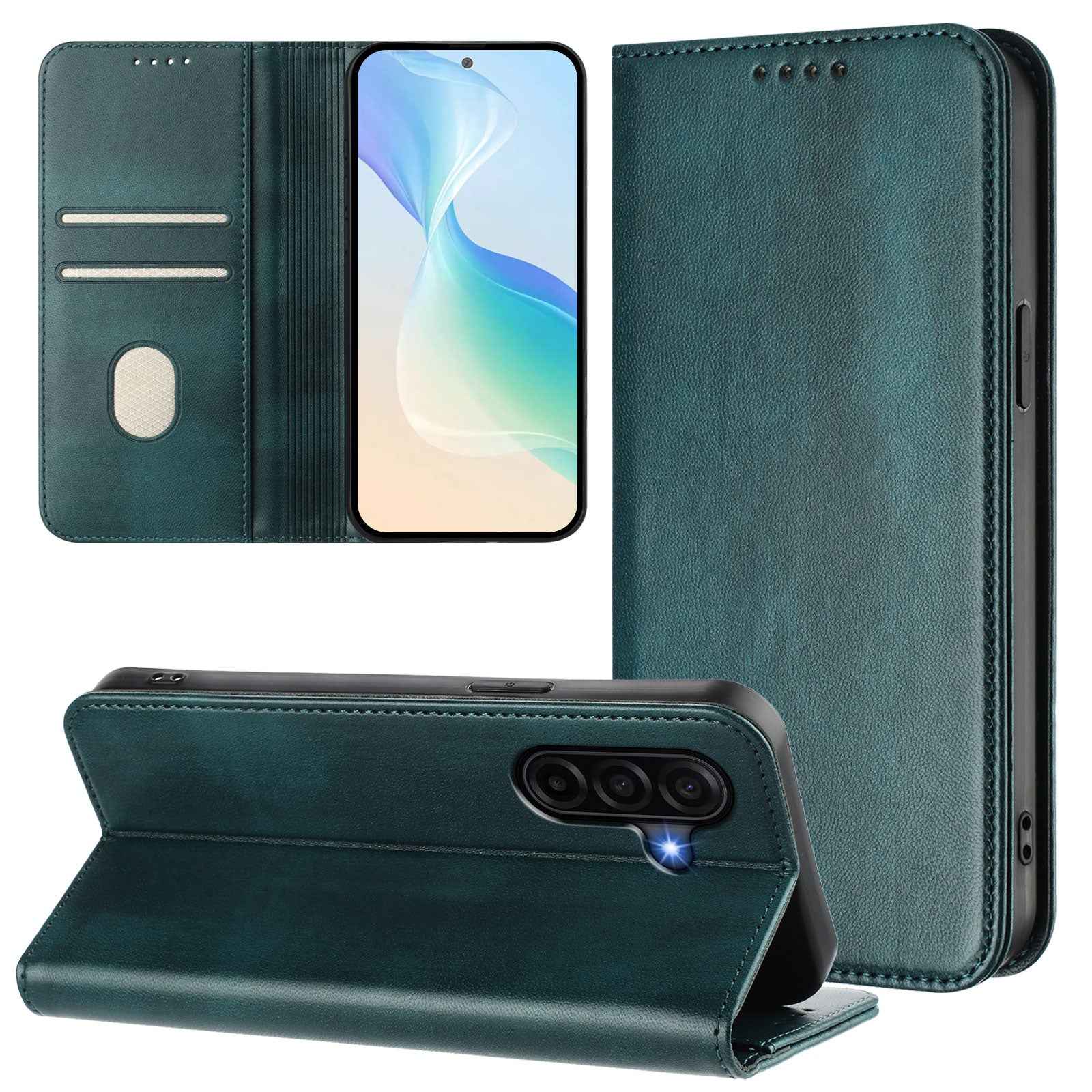 For Samsung Galaxy A57 5G Wallet Cases Retro Texture RFID Blocking Leather Phone Cover - Dark Green