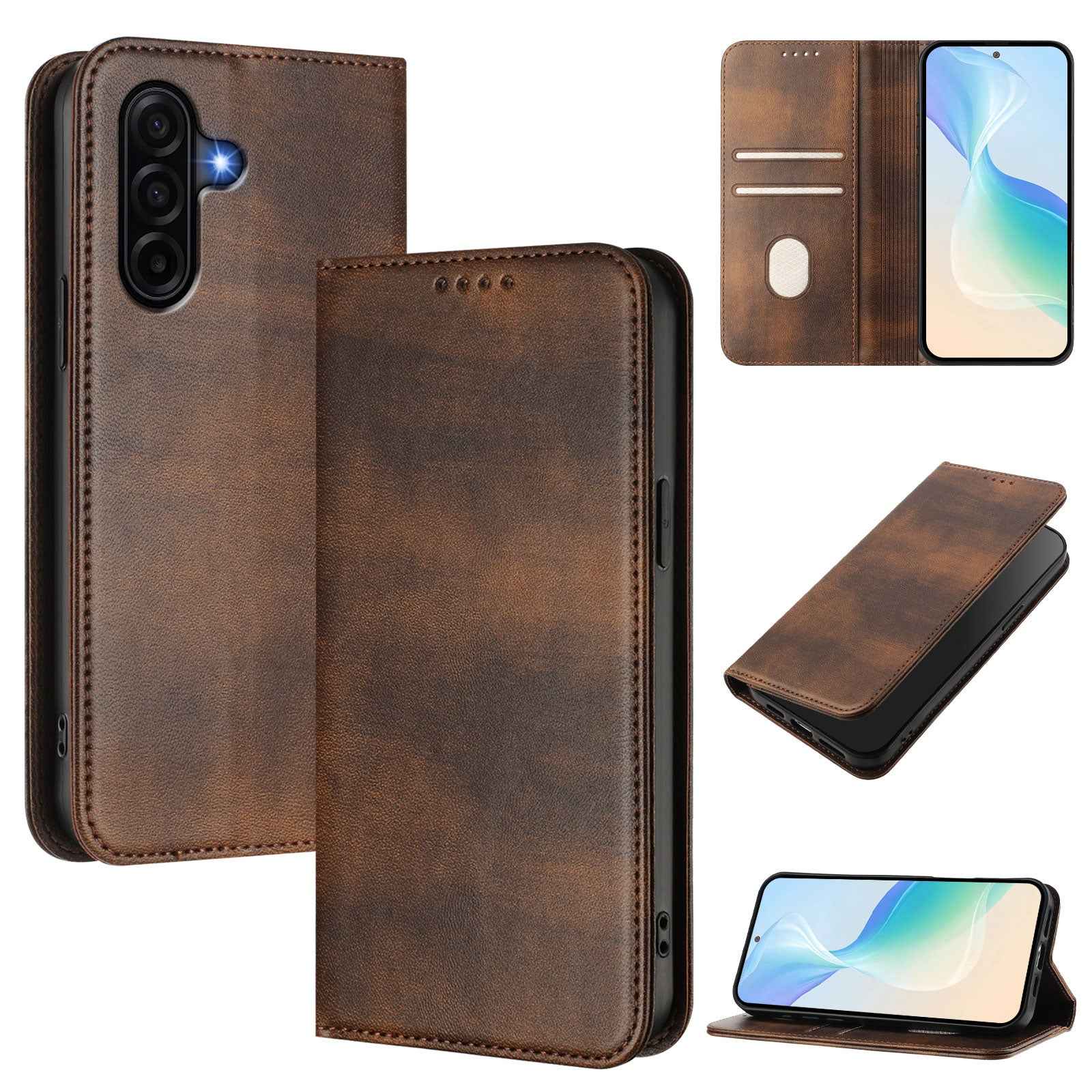 For Samsung Galaxy A57 5G Wallet Cases Retro Texture RFID Blocking Leather Phone Cover - Brown