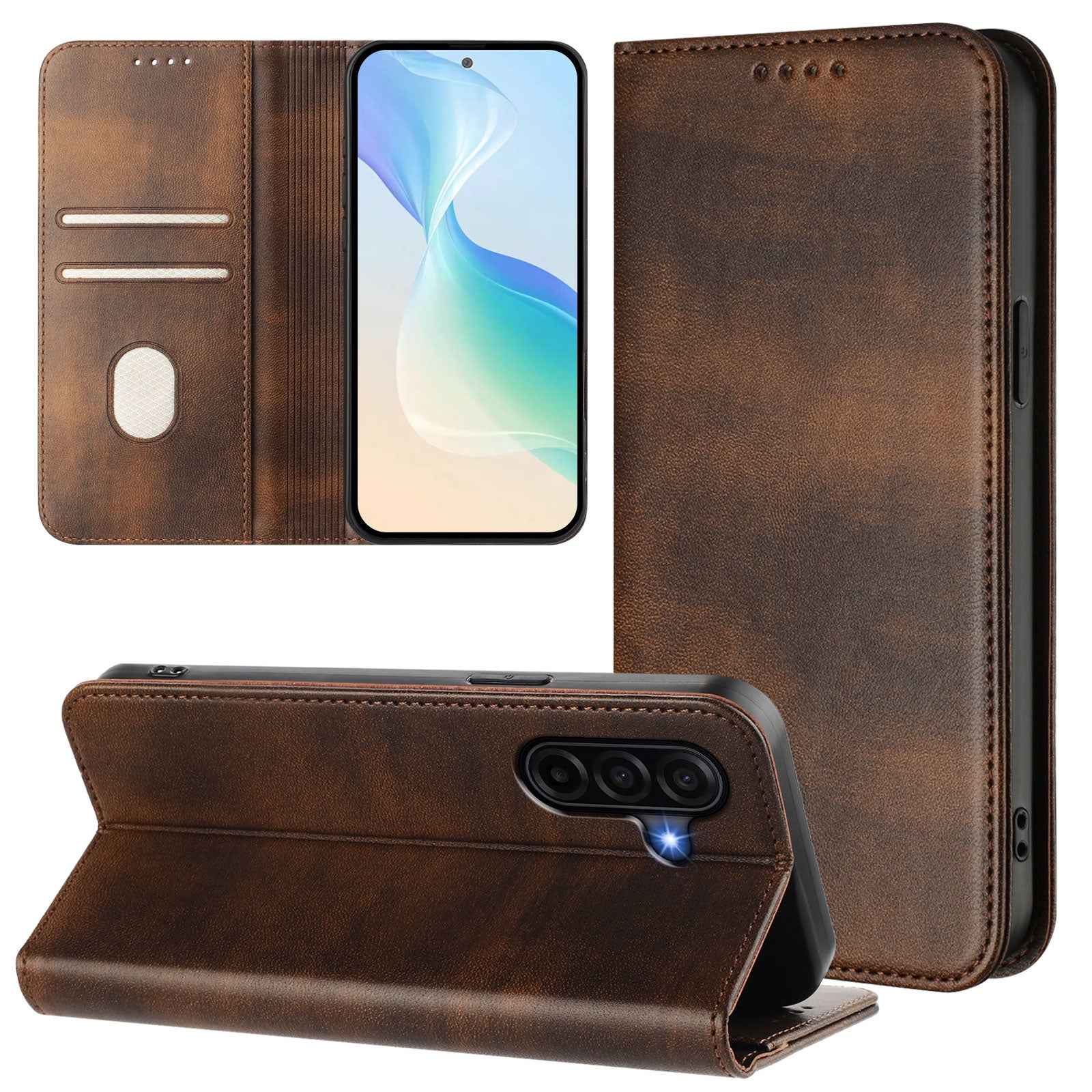 For Samsung Galaxy A57 5G Wallet Cases Retro Texture RFID Blocking Leather Phone Cover - Brown