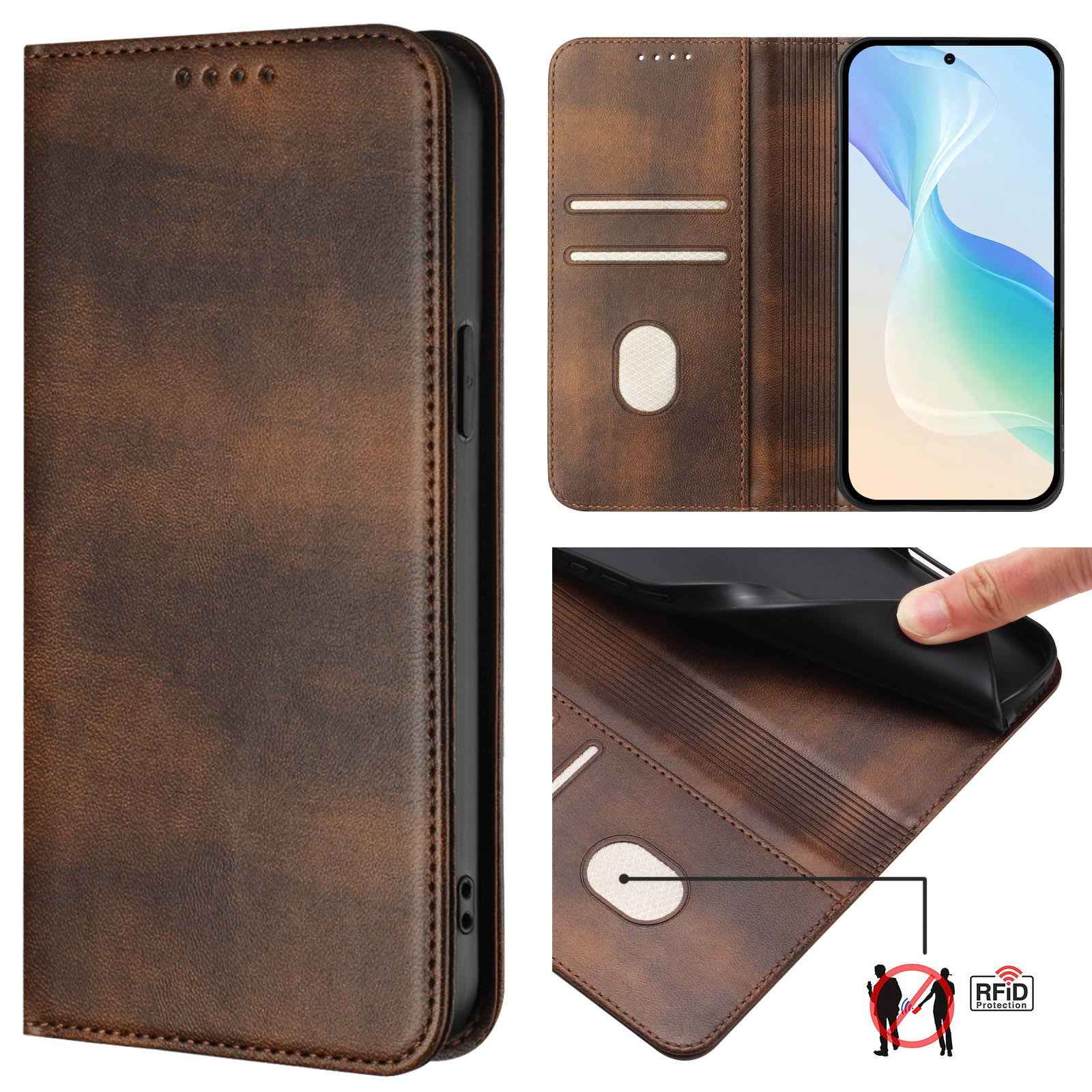 For Samsung Galaxy A57 5G Wallet Cases Retro Texture RFID Blocking Leather Phone Cover - Brown