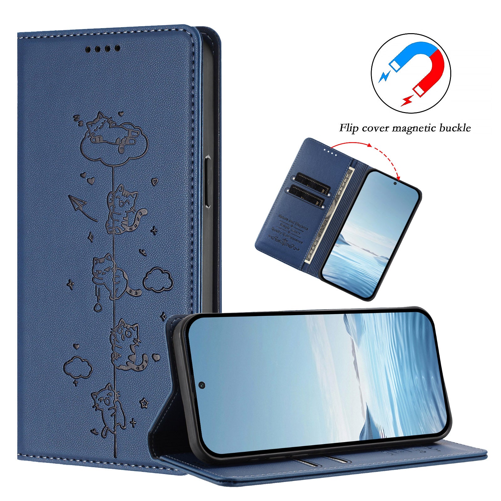 For Xiaomi Redmi Note 15 Pro 4G (Global) Case RFID Blocking Wallet Stand Imprinted Cat Pattern Leather Phone Cover - Dark Blue