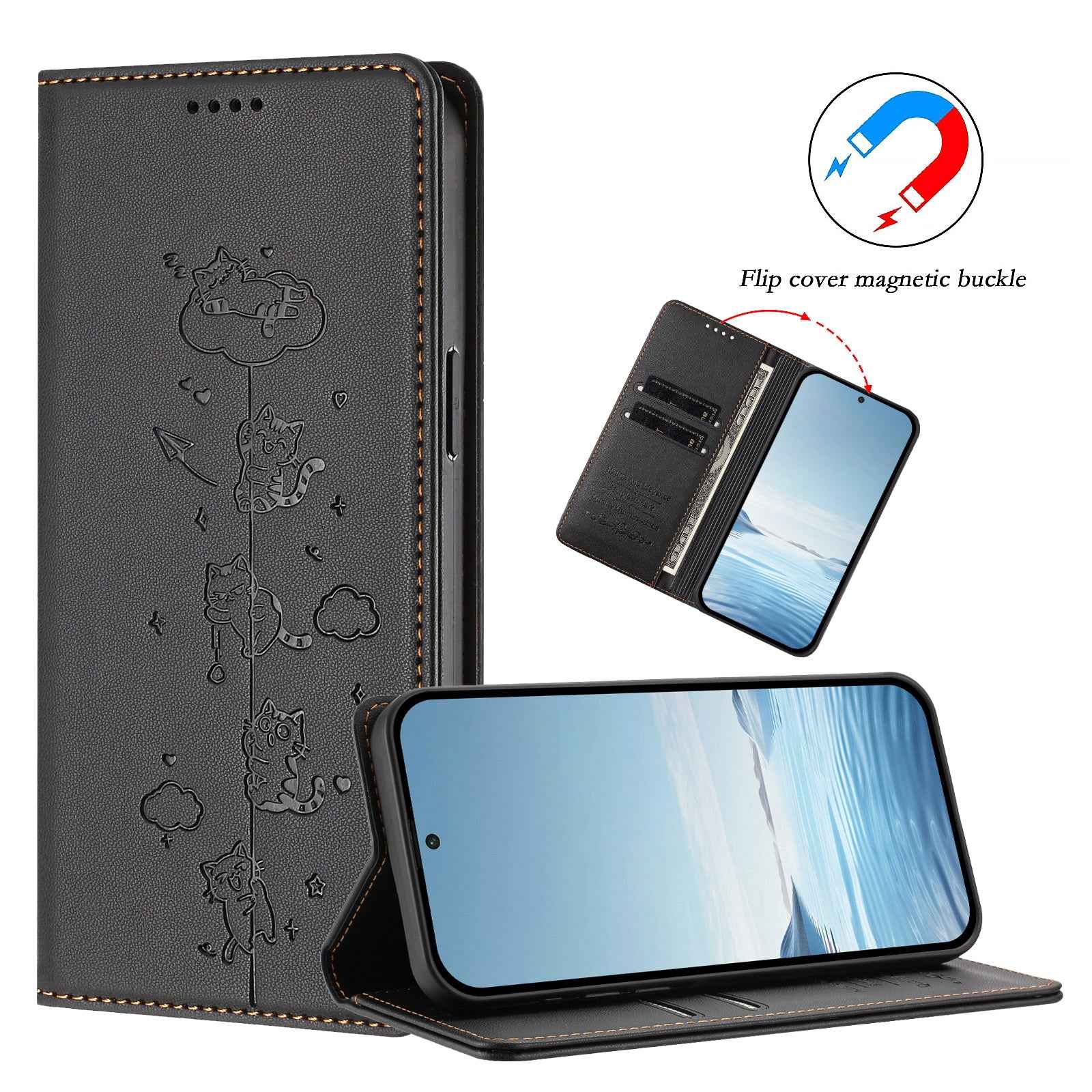 For Samsung Galaxy A57 5G Case RFID Blocking Wallet Stand Imprinted Cat Pattern Leather Phone Cover - Black