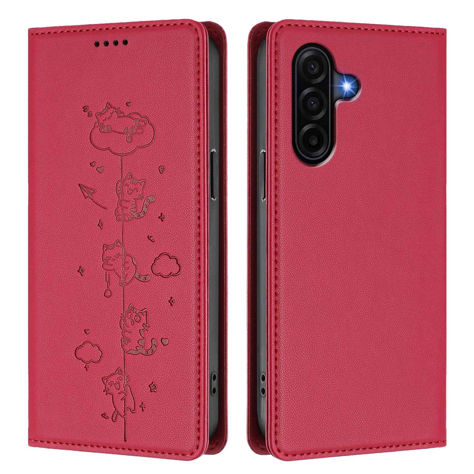 For Samsung Galaxy A57 5G Case RFID Blocking Wallet Stand Imprinted Cat Pattern Leather Phone Cover - Red