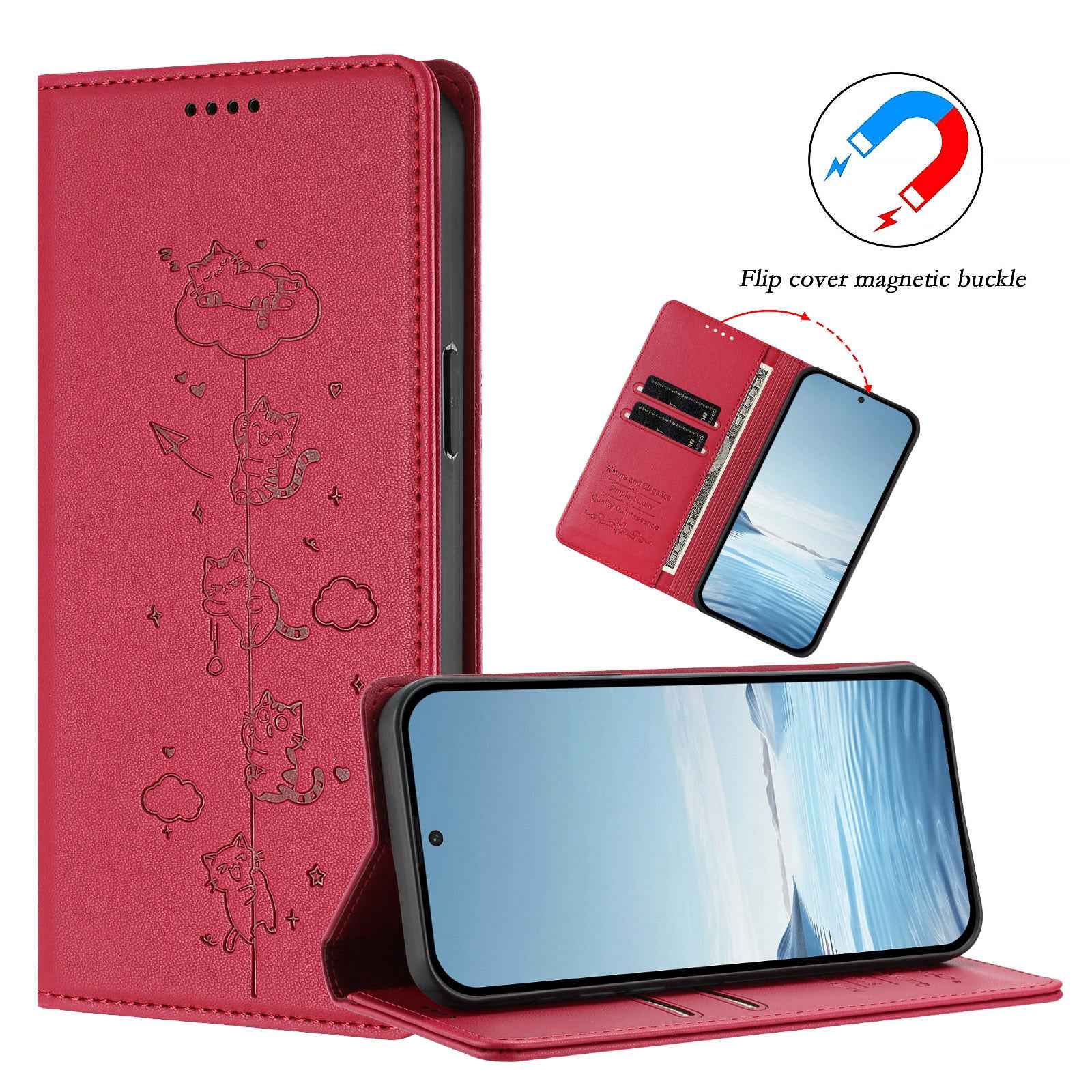 For Samsung Galaxy A57 5G Case RFID Blocking Wallet Stand Imprinted Cat Pattern Leather Phone Cover - Red