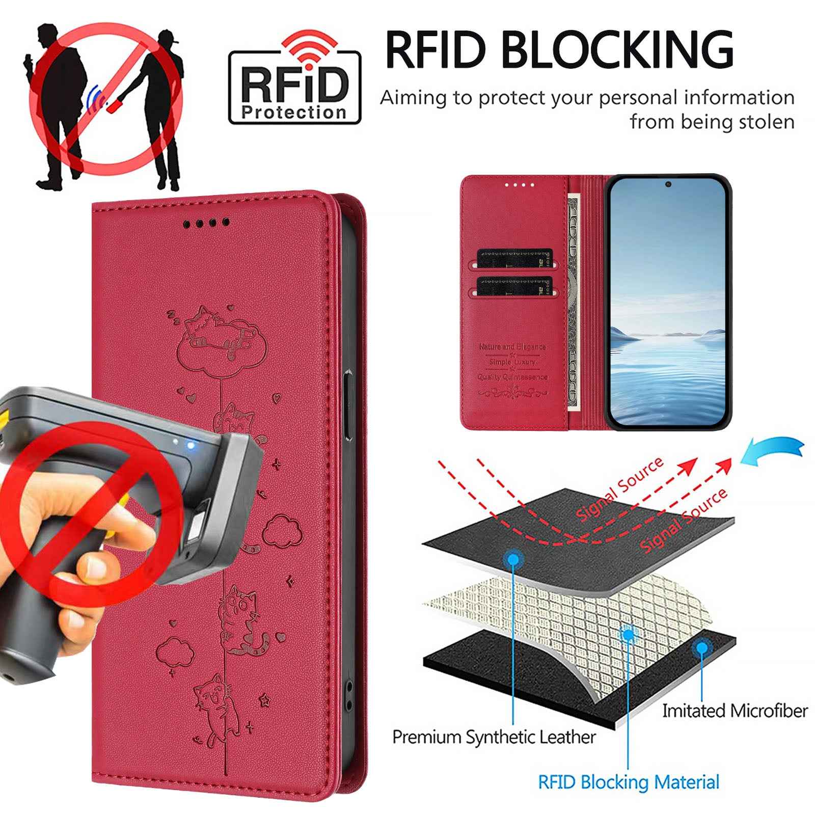 For Samsung Galaxy A57 5G Case RFID Blocking Wallet Stand Imprinted Cat Pattern Leather Phone Cover - Red