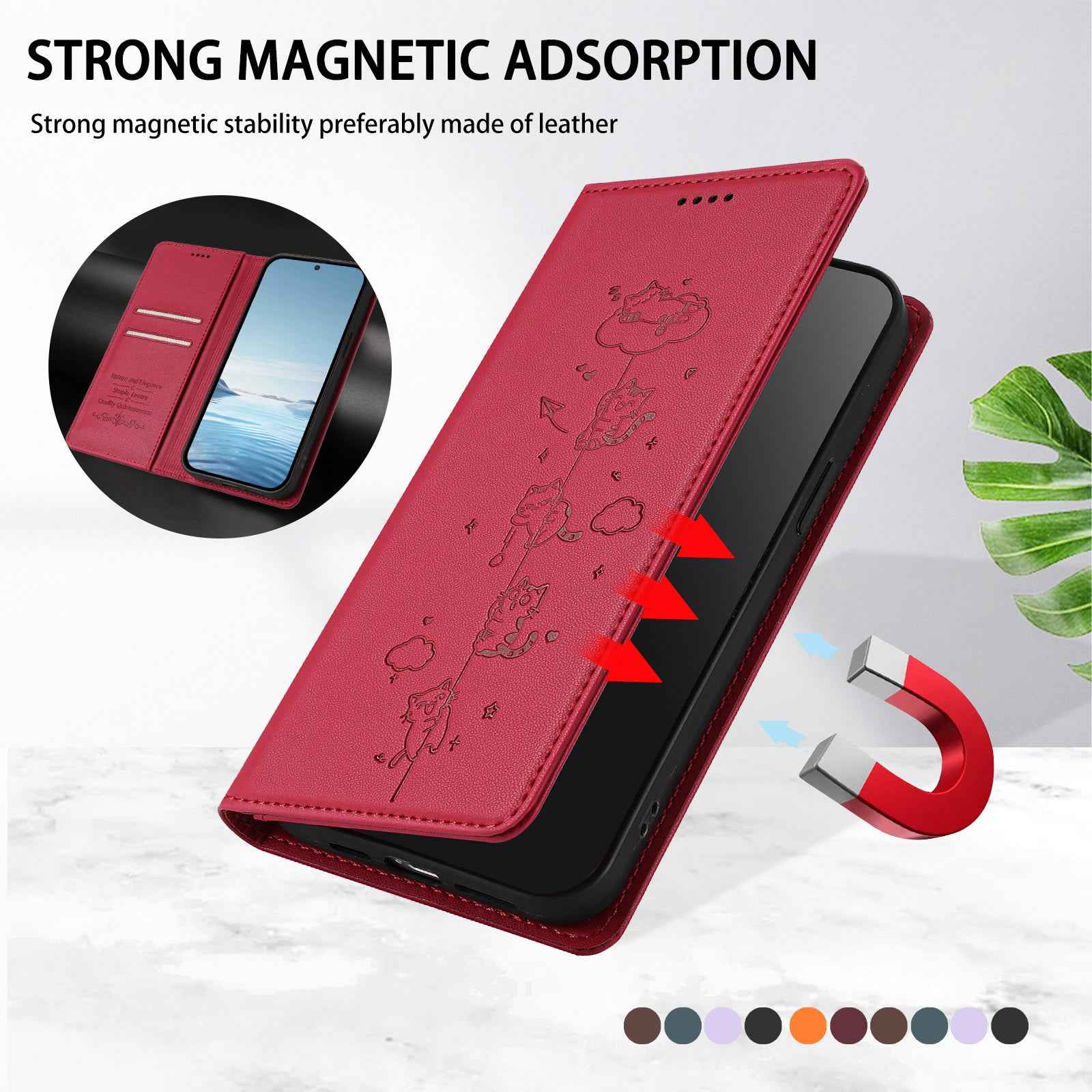 For Samsung Galaxy A57 5G Case RFID Blocking Wallet Stand Imprinted Cat Pattern Leather Phone Cover - Red