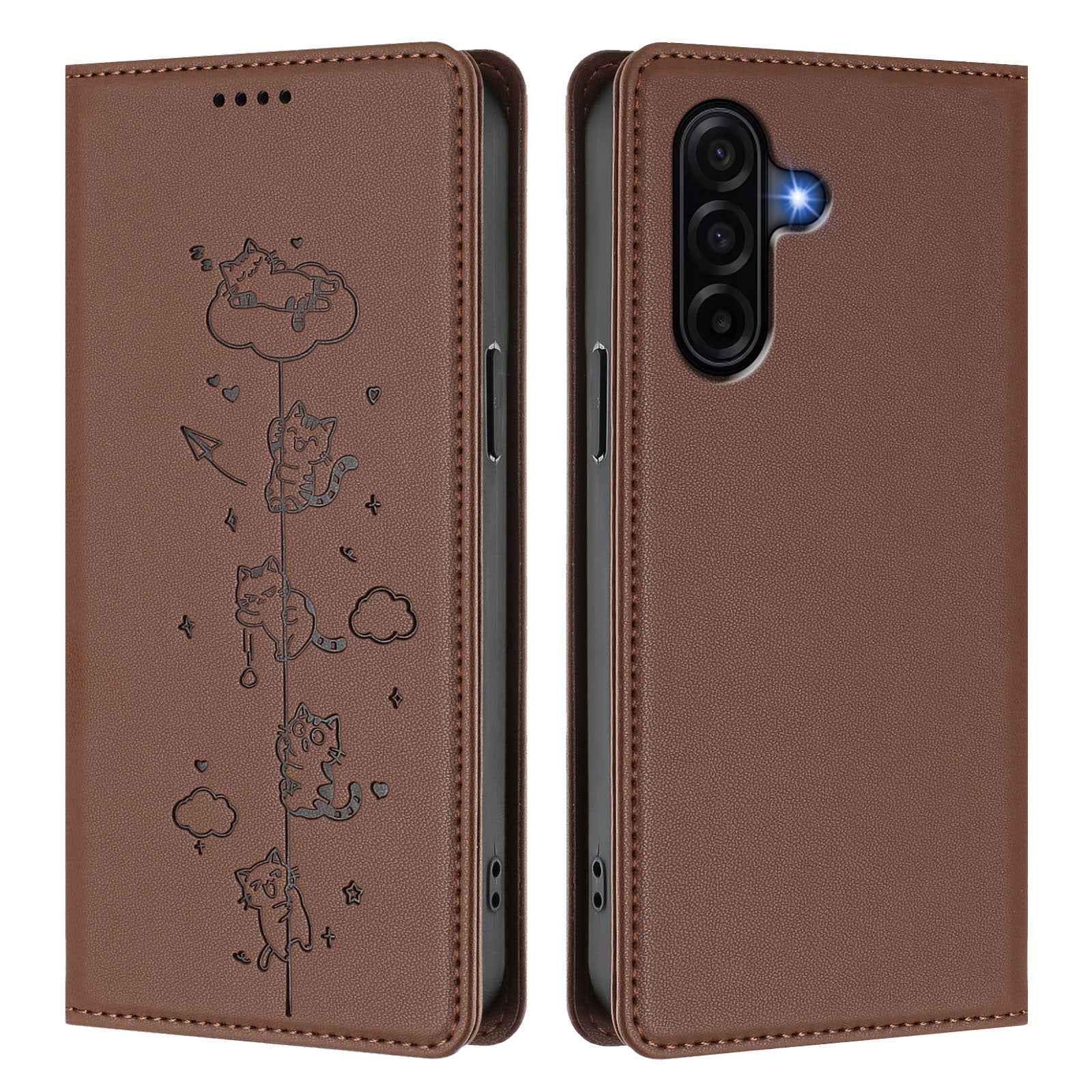 For Samsung Galaxy A57 5G Case RFID Blocking Wallet Stand Imprinted Cat Pattern Leather Phone Cover - Brown