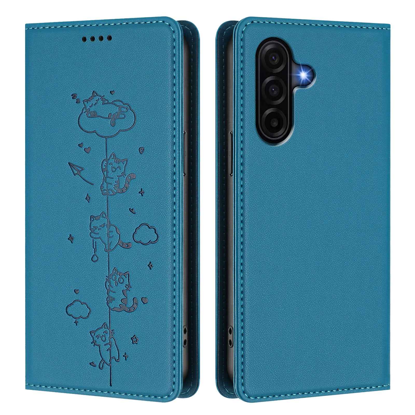 For Samsung Galaxy A57 5G Case RFID Blocking Wallet Stand Imprinted Cat Pattern Leather Phone Cover - Lake Blue