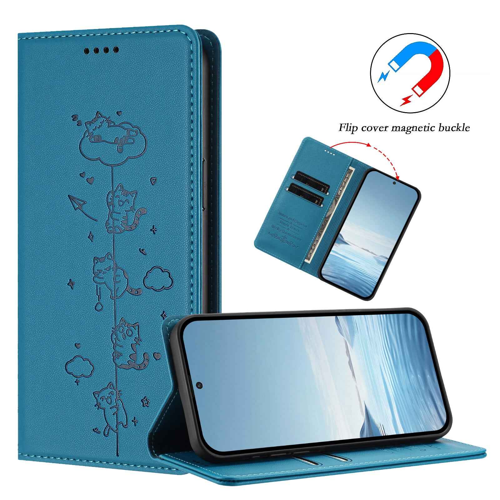 For Samsung Galaxy A57 5G Case RFID Blocking Wallet Stand Imprinted Cat Pattern Leather Phone Cover - Lake Blue